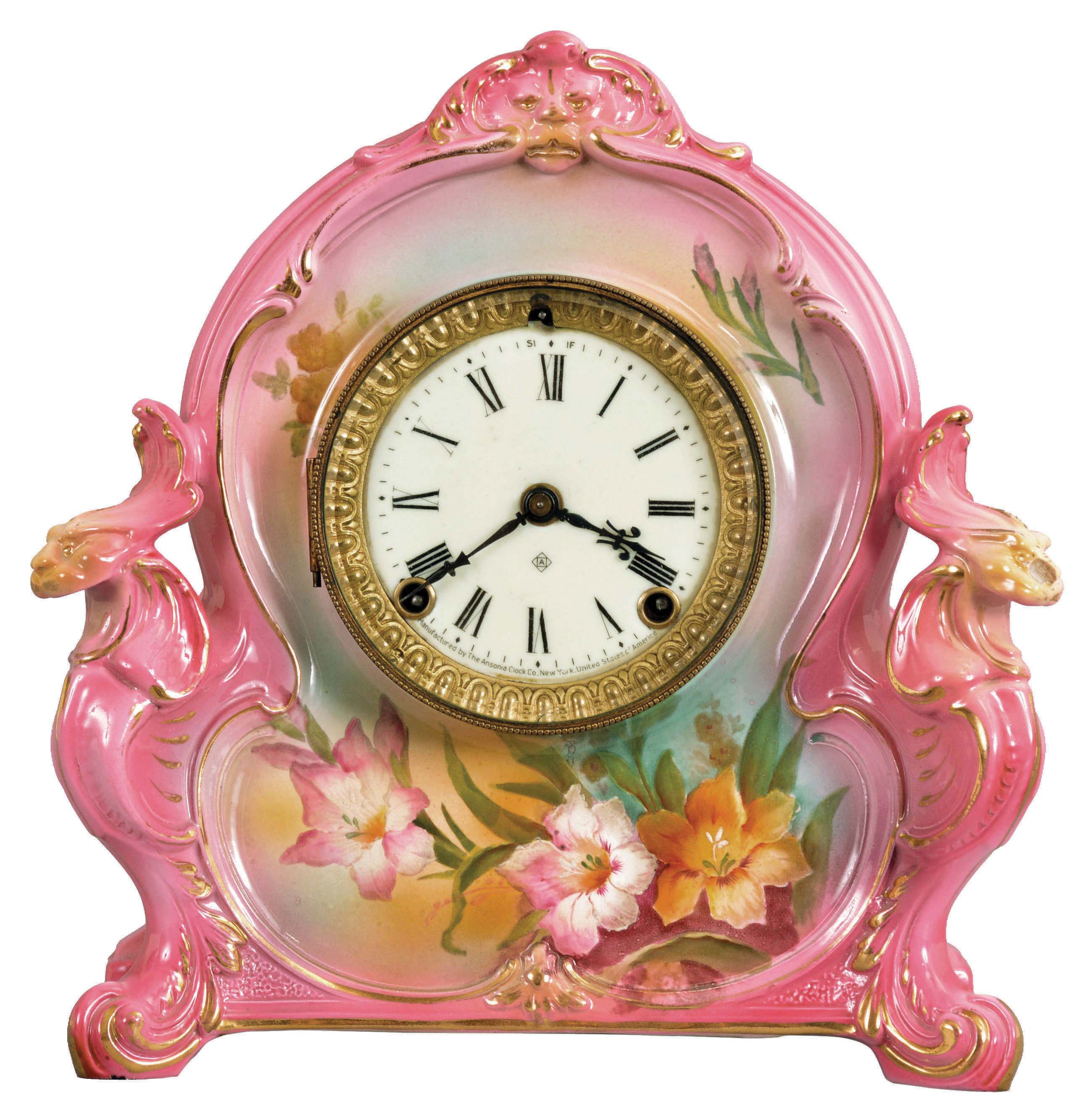 Ansonia Clock Co., New York, "La Charny" shelf clock with a spring driven, 8 day, time and strike movement in a Royal Bonn porcelain case. — Antique Clocks Price Guide