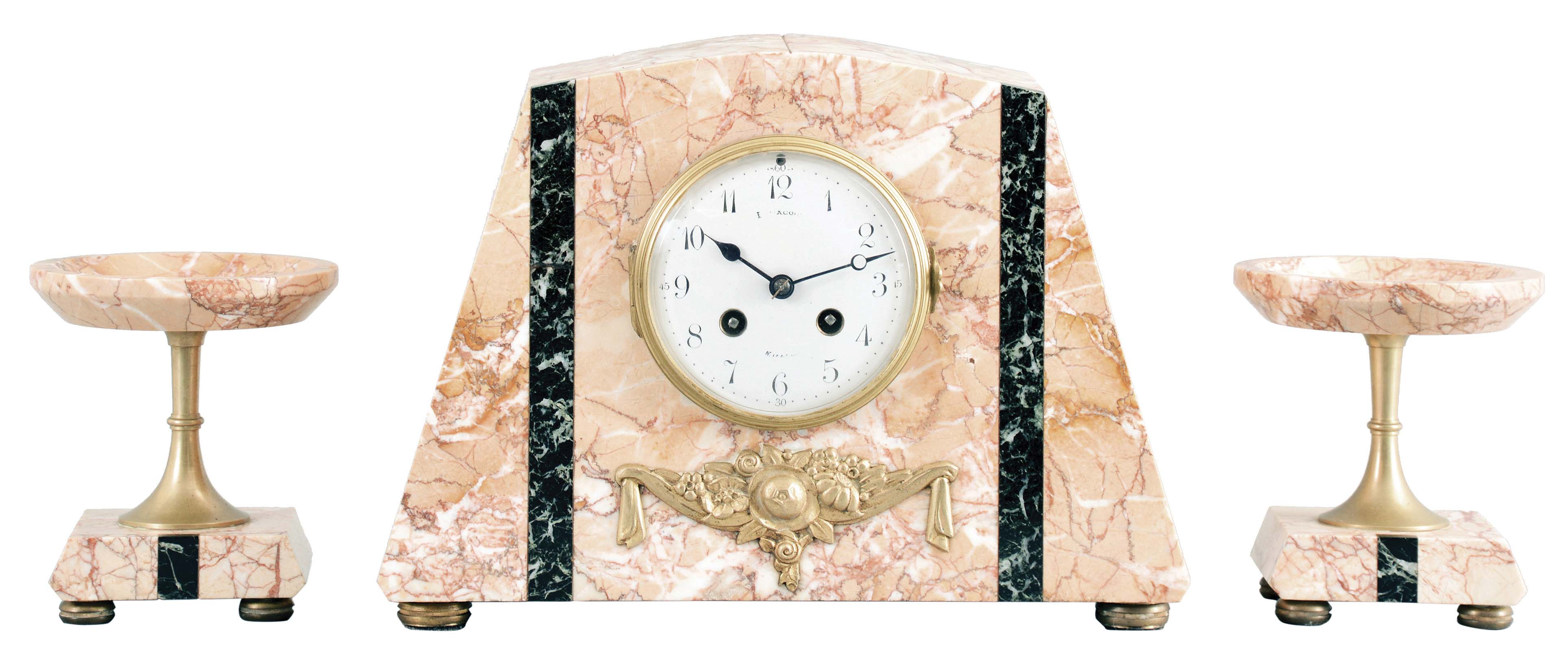 France, 3 piece mantel garniture set, 8 day, time and strike, spring driven movement, Art Deco case of polychrome pink marble with dark marble accents, applied metal ornaments, white enamel dial, and pair of matching tazze. Brass Pendule de Paris movement is signed "FC". — Antique Clocks Price Guide
