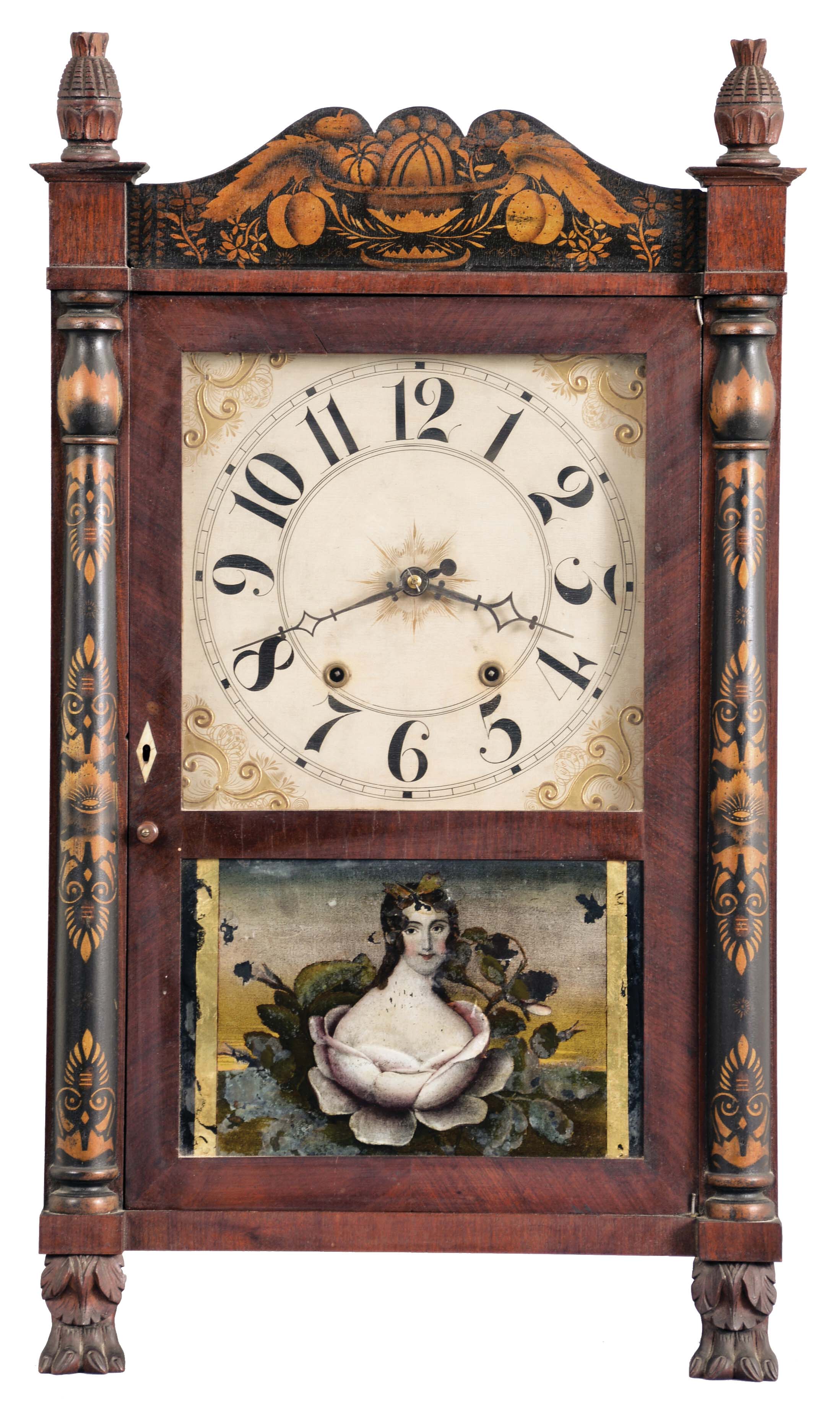 Riley Whiting, Winchester, Conn., 30 hour, time and strike, weight wood movement half column & splat shelf clock. — Antique Clocks Price Guide