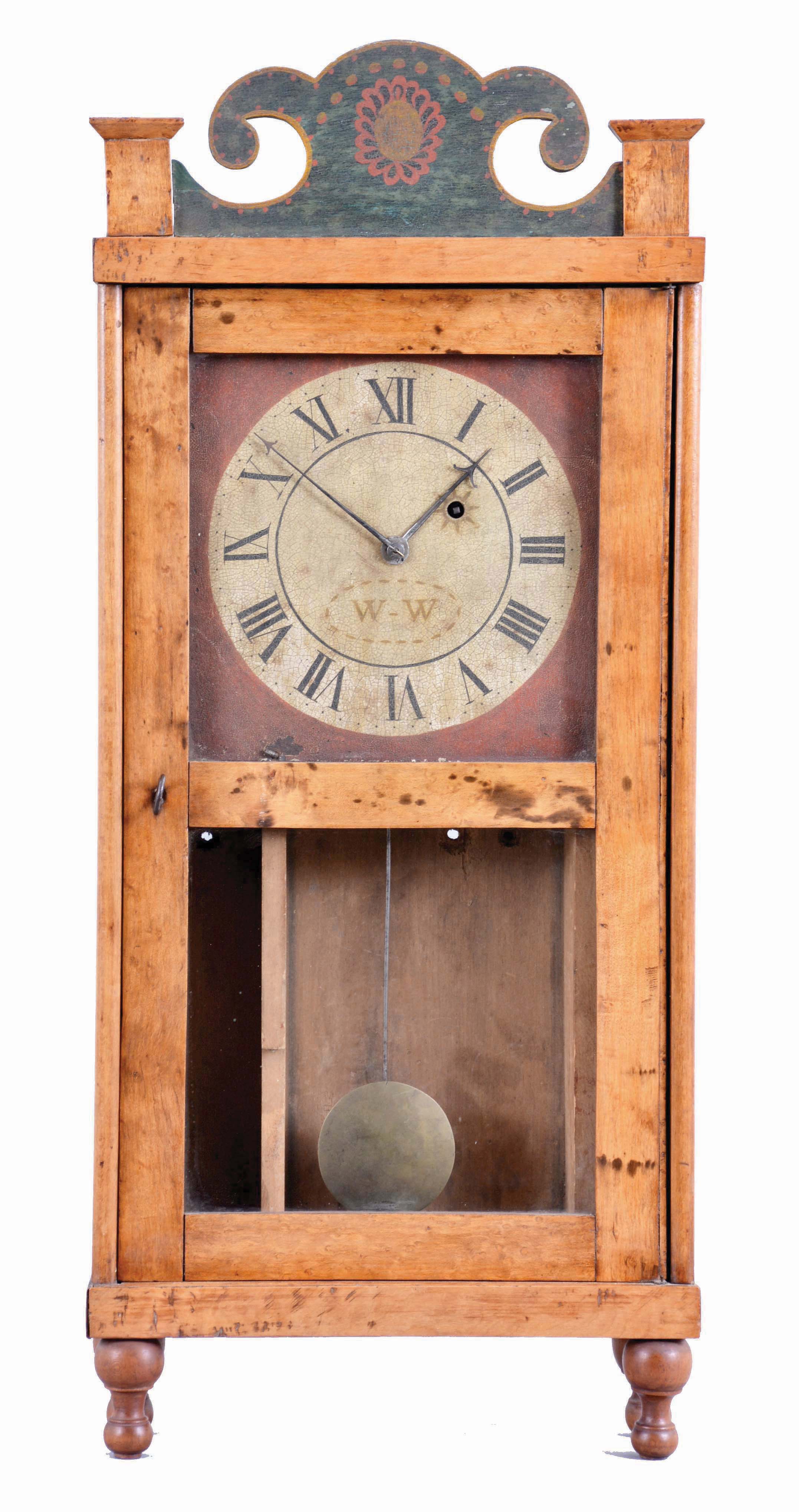 Unknown, most likely Maine, 30 hour, weight iron and brass weight shelf timepiece. There were several Quaker clockmakers in Maine who made movements using iron plates and brass wheels. — Antique Clocks Price Guide