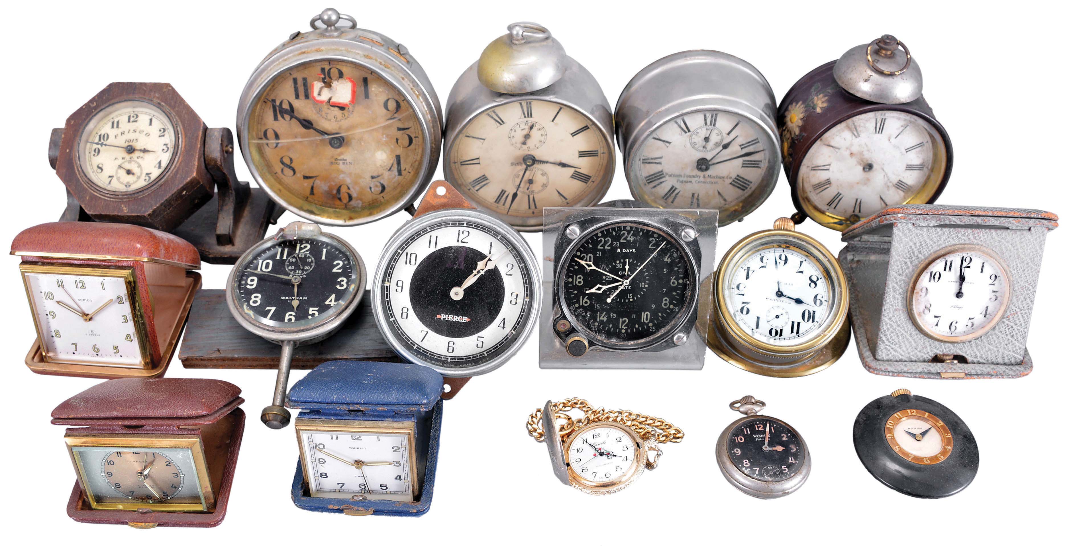 Clocks- 16 (Sixteen) Alarm, Travel, and Car: small clocks including and 8 day Waltham with black dial for the U.S. Navy, a Pierce-Arrow car clock, a Taunus 8 day car clock in brass and glass dash mount, as well as several alarm clocks and travel clocks. — Antique Clocks Price Guide