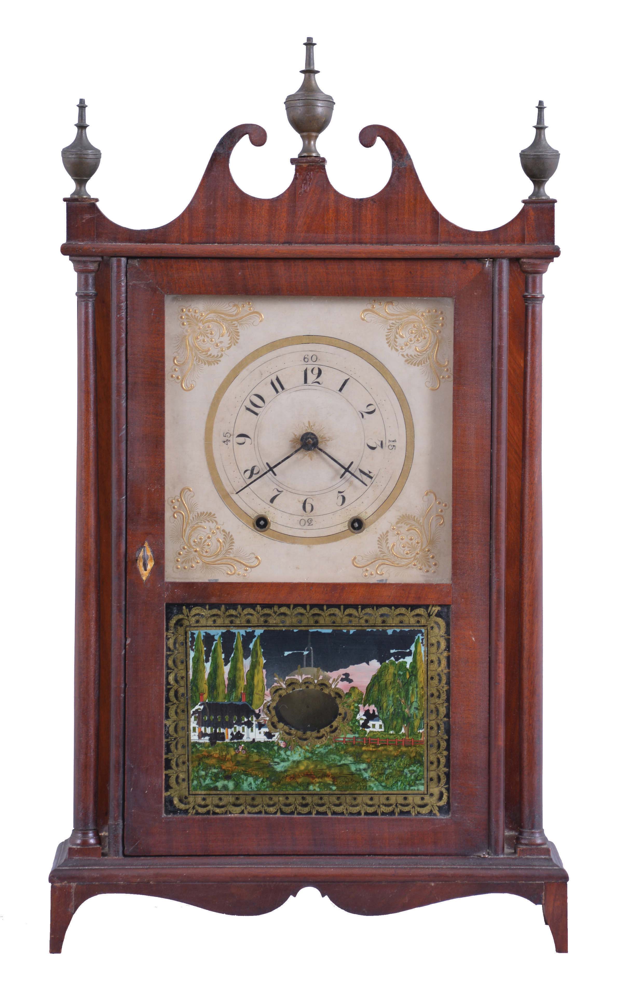 Mark Leavenworth, Waterbury, Conn., 30 hour, time and strike, weight driven, wood movement miniature pillar & scroll shelf clock. — Antique Clocks Price Guide