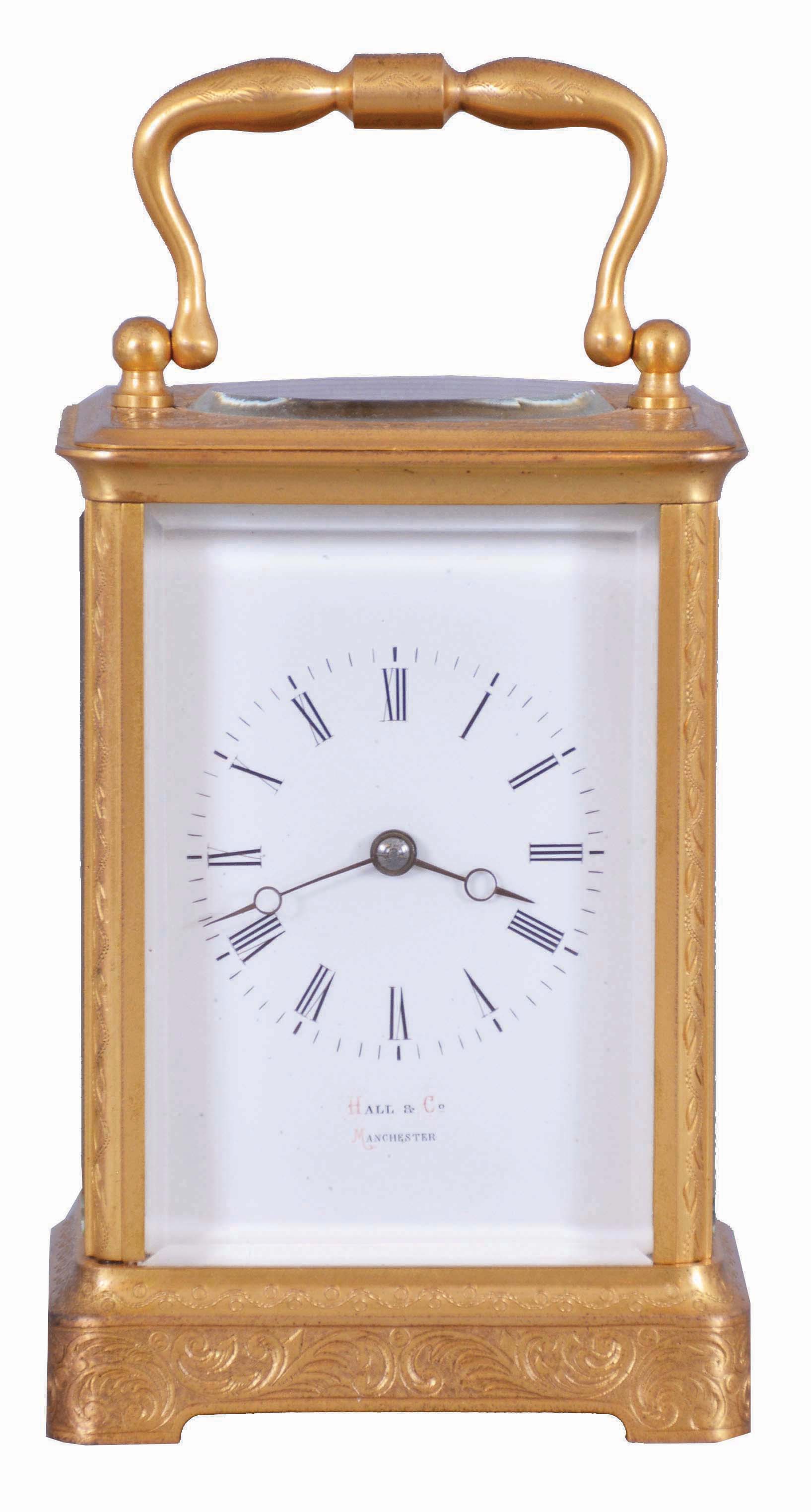 France, for Hall and Co., Manchester, an engraved carriage timepiece for the English market, the glazed, gilt Corniche case with foliate ornament, Roman numeral white enamel dial, blued steel Breguet style hands, 8 day movement with lever platform, the back plate marked "B" within a circle — Antique Clocks Price Guide