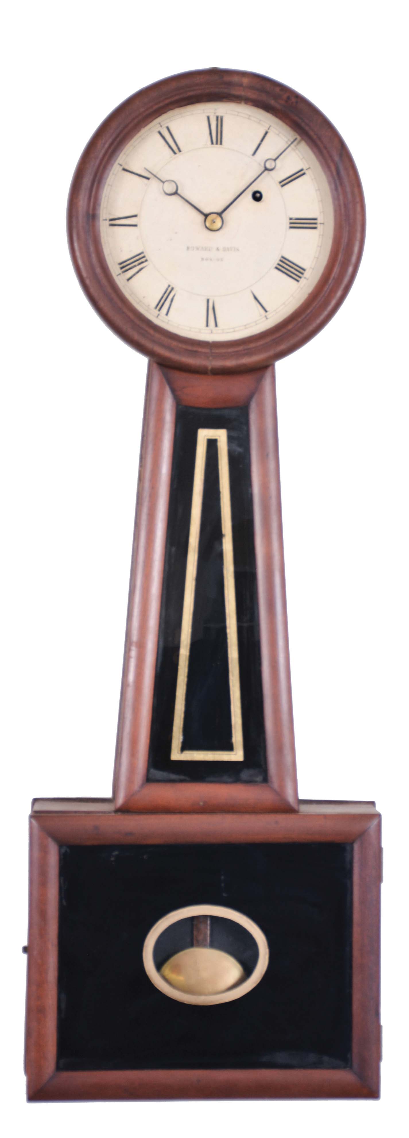 Howard & Davis, Boston, Massachusetts Wall Regulator (No. 5 size), the cherry case with turned wooden bezel over the roman numeral zinc and printed paper dial signed "Howard & Davis/Boston", half round frames holding the black and gold glasses, the lower rectangular box glass with oval pendulum aperture, eight day time- only brass, weight powered movement with recoil escapement, regulated by a wooden pendulum rod and brass faced bob with blued-steel moon hands. — Antique Clocks Price Guide