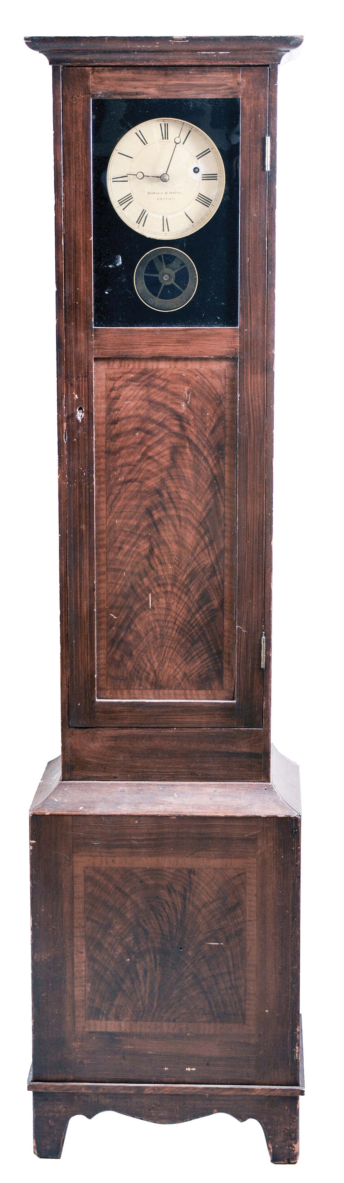 Howard & Davis, Boston, Mass., "Watch-Clock", watchman's tall case clock, 8 day, time only, weight driven movement adapted to run subsidiary watchman's check-in stations in a rosewood grain painted case with a paper over metal dial — Antique Clocks Price Guide