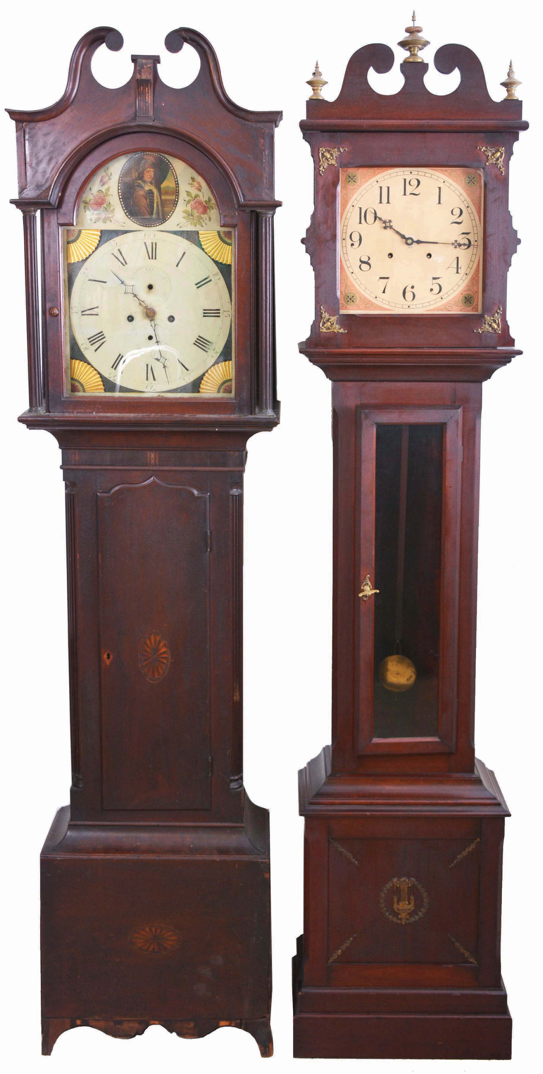 Tall Clocks- 2 (Two): (1) Scottish 8 day, time and strike, weight driven movement with painted metal dial and painted thistle pendulum, circa 1820; (2) Ithaca Calendar Clock Co., 8 day, time and strike, spring driven movement — Antique Clocks Price Guide