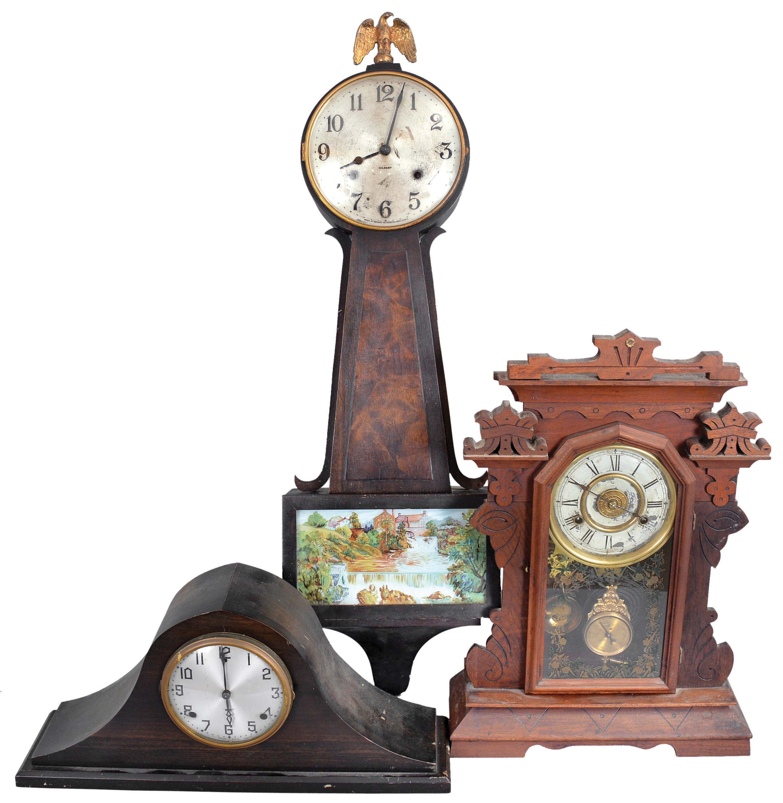 Clocks- 3 (Three) wood cased clocks: (1) New Haven Clock Co., New Haven, Conn., "No. 540", 8 day spring driven, time & strike with alarm parlor clock in a walnut case, c. 1890; (2) Wm. L. Gilbert Clock Co., Winsted, Conn., "Yorktown", 8 day spring driven, time & strike banjo clock with mahogany finish and burl veneer panel, c. 1930; (3) Wm. L. Gilbert Clock Co., Winsted, Conn., tambour clock, 8 day spring driven, time & bim-bam strike tambour clock in a walnut case, c. 1930. — Antique Clocks Price Guide