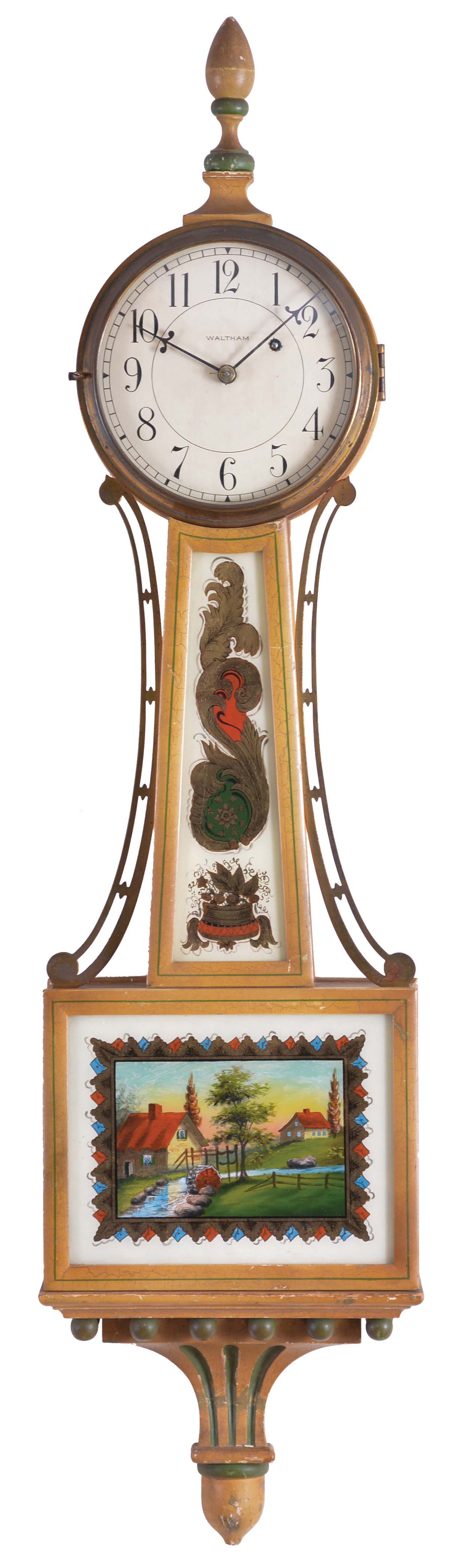 Waltham Watch Co., Waltham, Mass., 8 day, weight brass movement patent or banjo wall timepiece. — Antique Clocks Price Guide