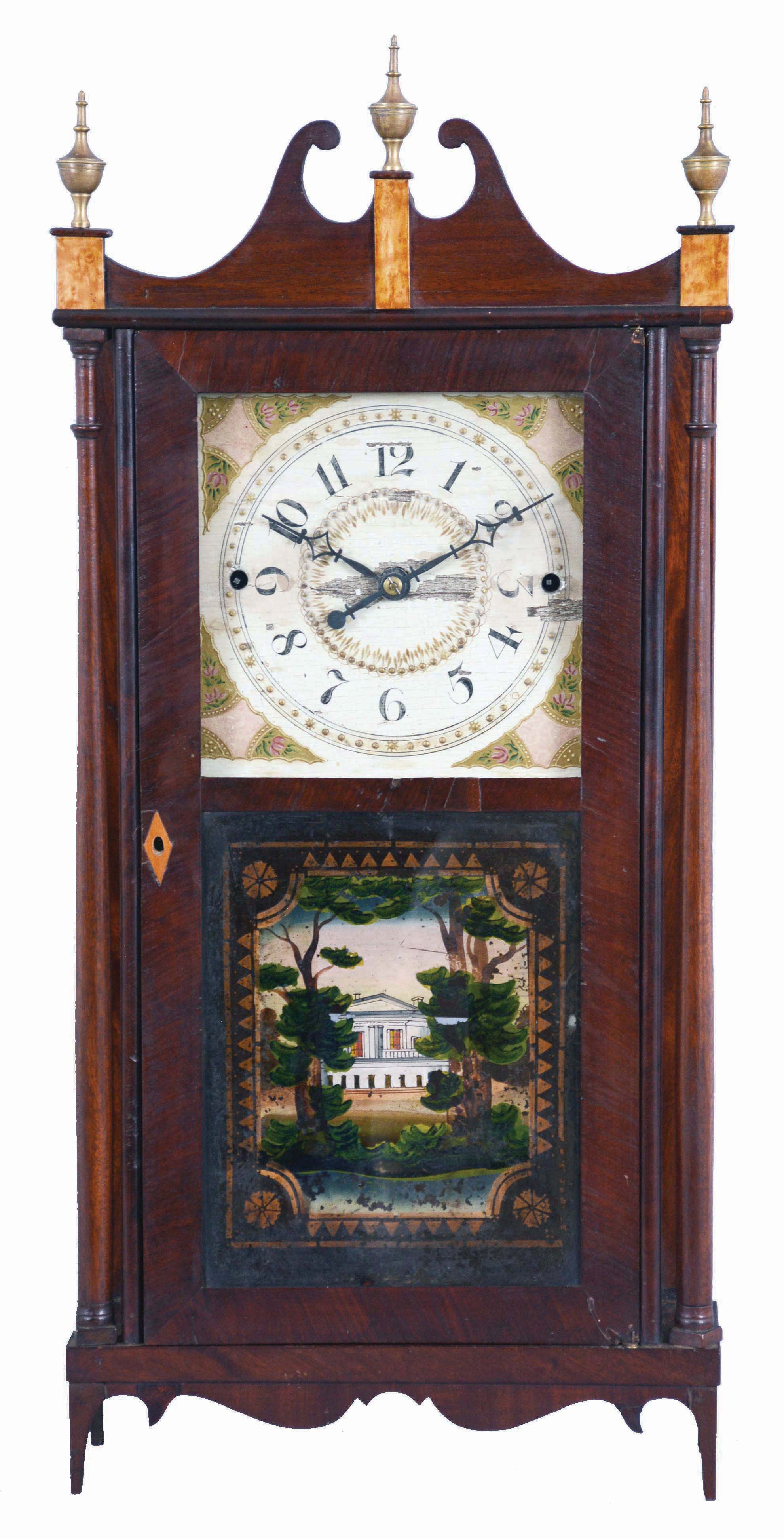 Erastus Hodges, Torrington, Conn., 30 hour, time and strike, weight wood movement pillar & scroll shelf clock. — Antique Clocks Price Guide