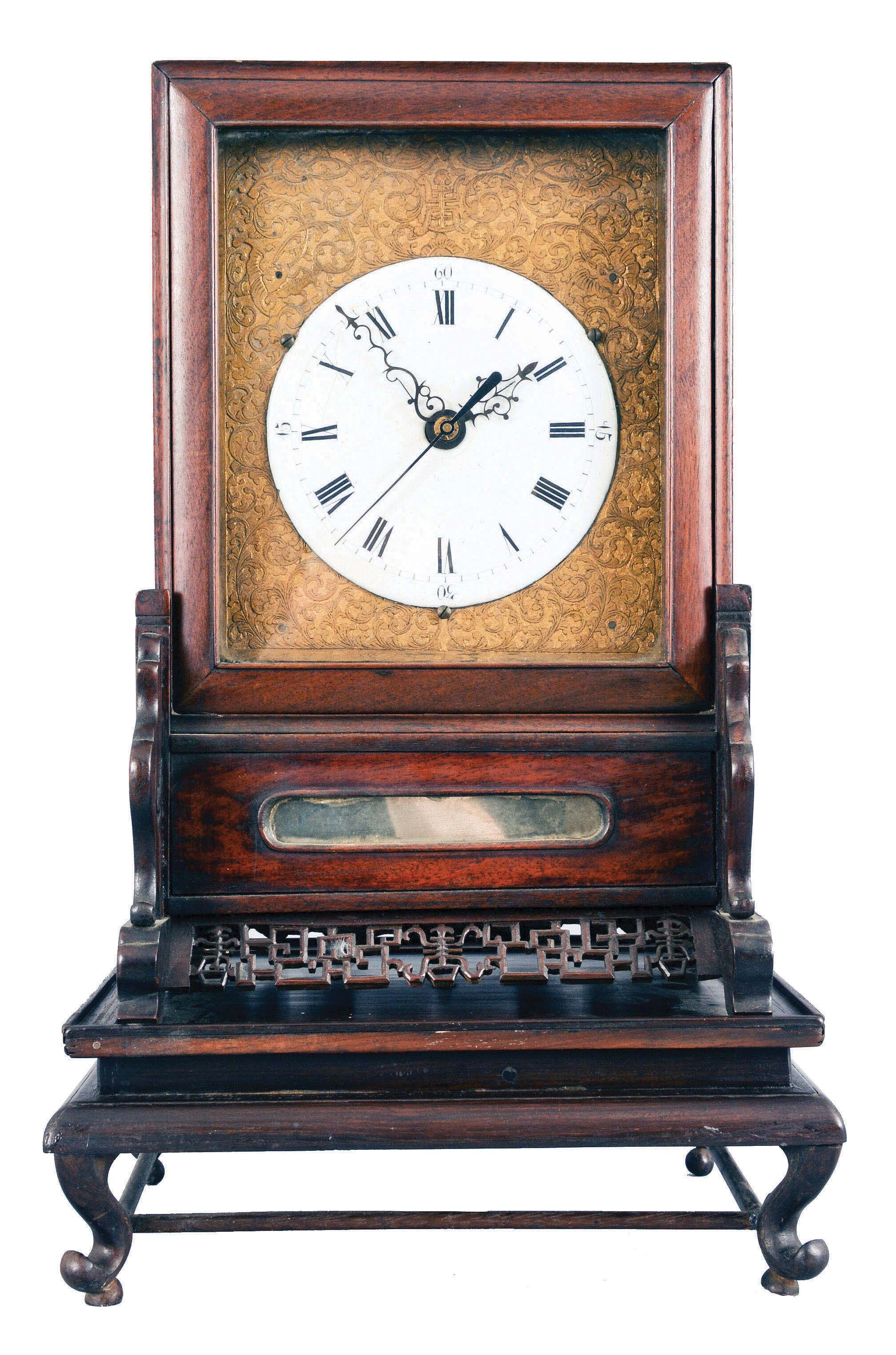 China, bracket clock reproduction, 8 day, time and strike, double fusee with crown verge escapement center seconds in a rosewood case sitting on fretwork base, white enamel dial mounted on cast brass front plate, 20th century. — Antique Clocks Price Guide