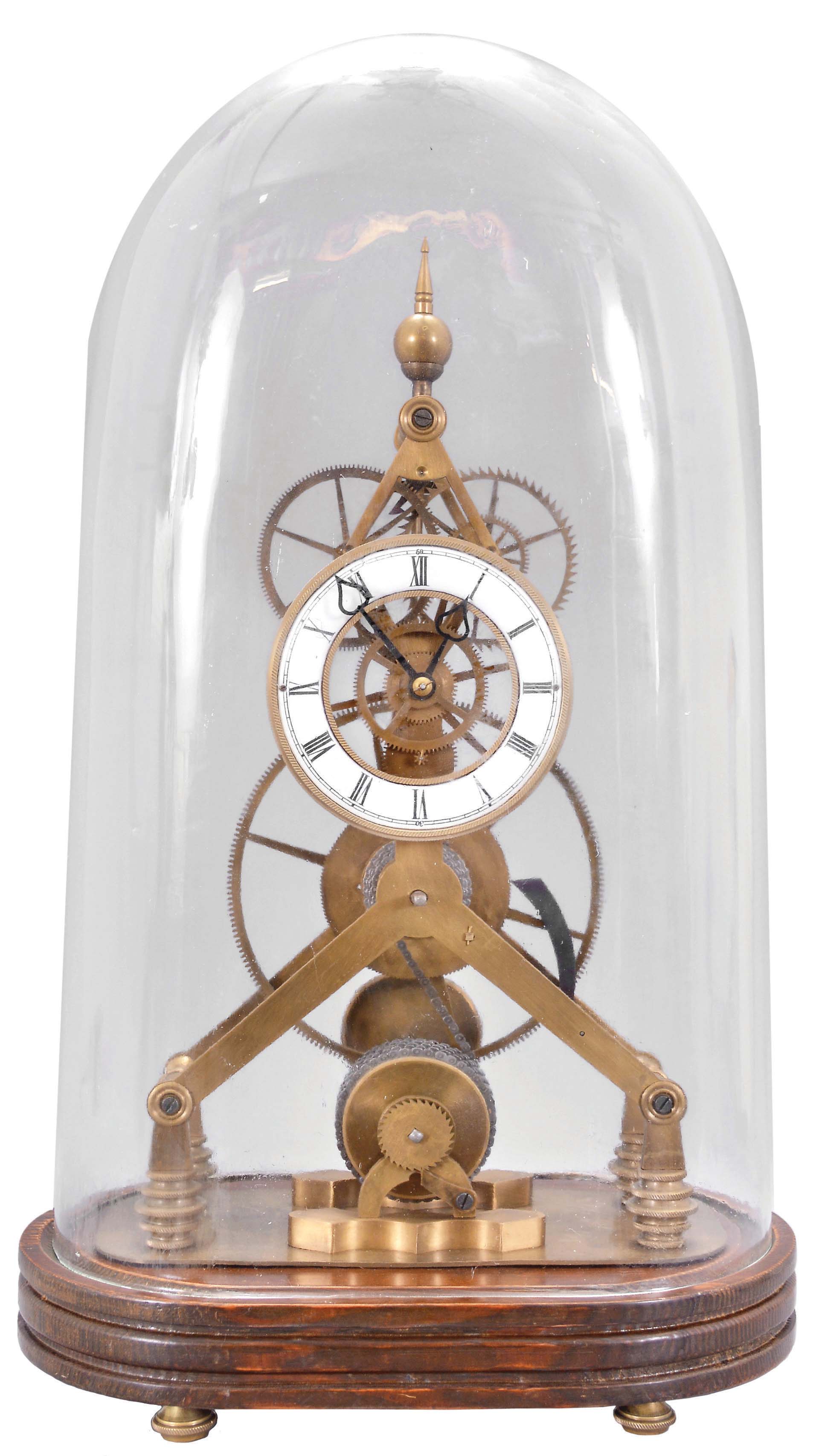 Chinese, reproduction skeleton clock, brass framed chain fusee movement with large wheels, recoil escapement, Roman numeral white enamel dial, pierced steel hands, on a wooden base with brass feet, and under a glass dome — Antique Clocks Price Guide