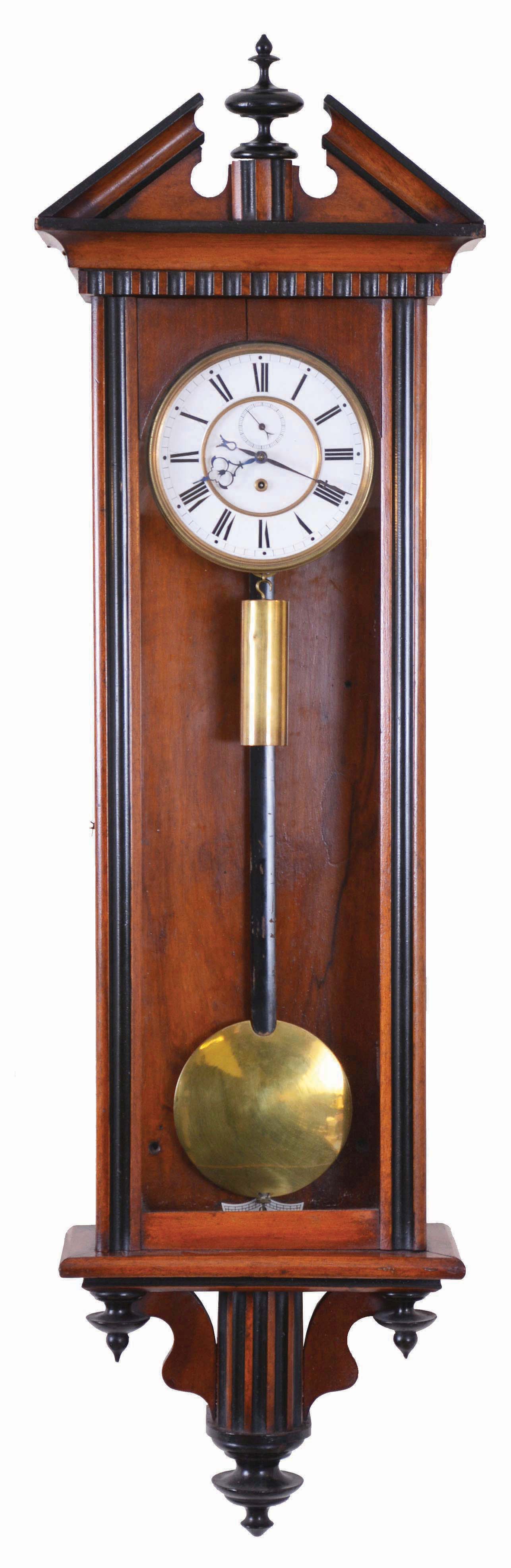 F. Kroeber Clock Co., New York, "Vienna Regulator", similar to No. 50, but with fluted bottom. Shown in the Kroeber book (Ly 2006), page 471 as #K334. — Antique Clocks Price Guide