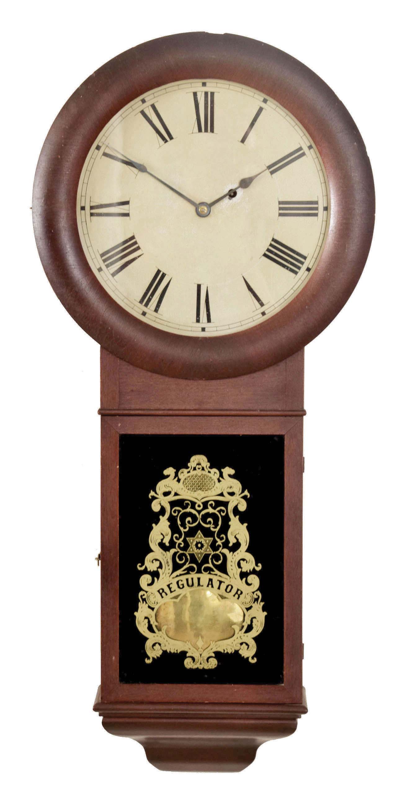 Seth Thomas Clock Co., Thomaston, Conn., "Regulator No. 2" early model wall hanging clock with a weight driven timepiece movement (with maintaining power) in a mahogany veneered case. — Antique Clocks Price Guide