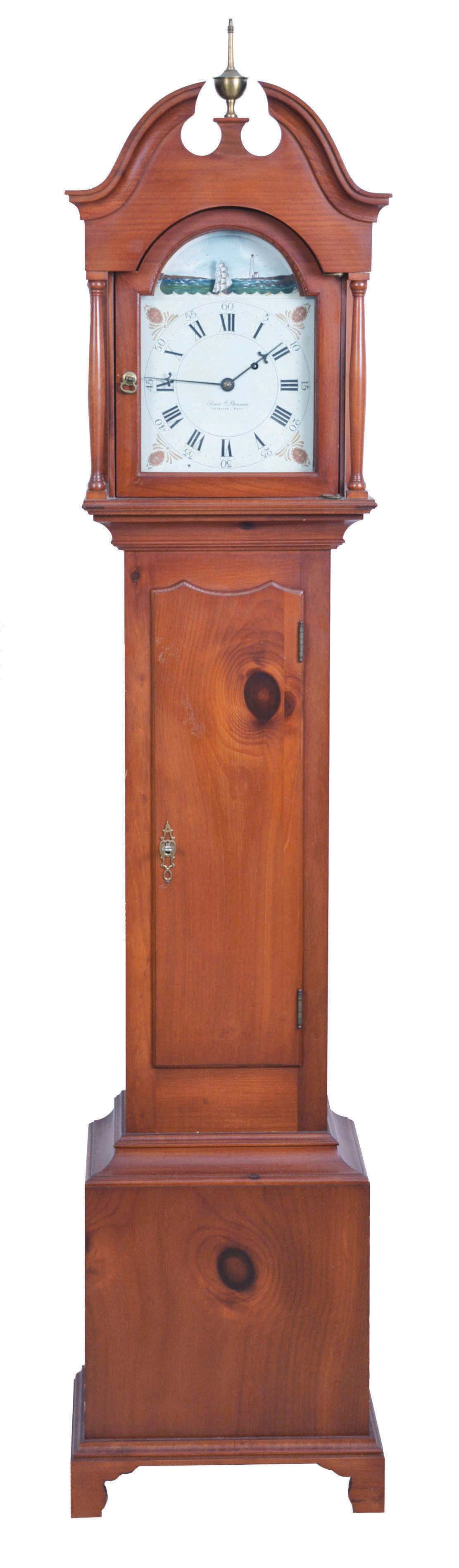 Elmer O. Stennes, Weymouth, Mass., dwarf tall or "Grandmother" clock, model "GM No. 2" with 8 day, time only, weight driven, brass Kilbourn & Proctor movement with painted metal dial with rocking ship in a pine case, stamped "74" and "1" and branded with Stennes signature on rear of trunk door — Antique Clocks Price Guide
