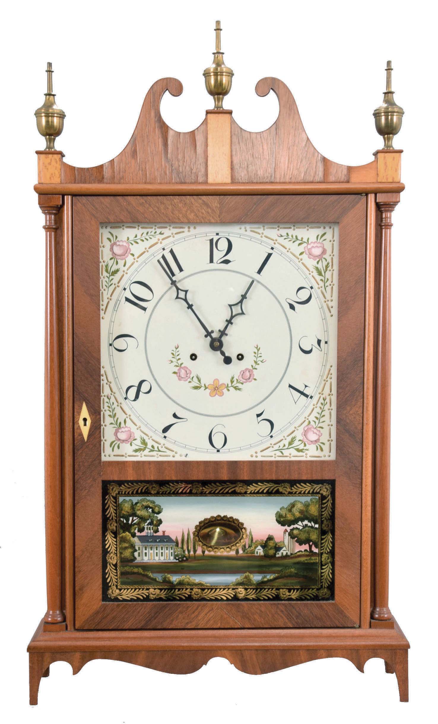 Elmer O. Stennes, Weymouth, Mass., 8 day, time and strike, spring brass movement pillar & scroll shelf clock. Case is stamped "36", "75". — Antique Clocks Price Guide