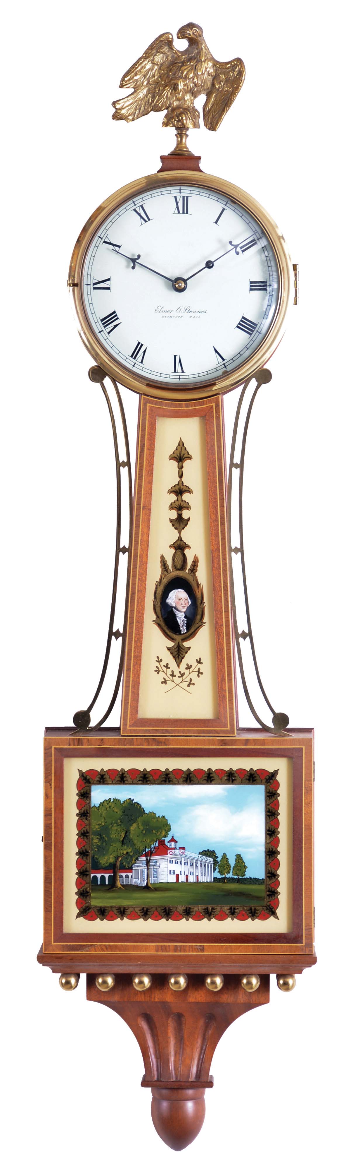 Elmer O. Stennes, Weymouth, Mass., 8 day, weight brass movement patent or banjo timepiece. Case is stamped "24" and "74". — Antique Clocks Price Guide