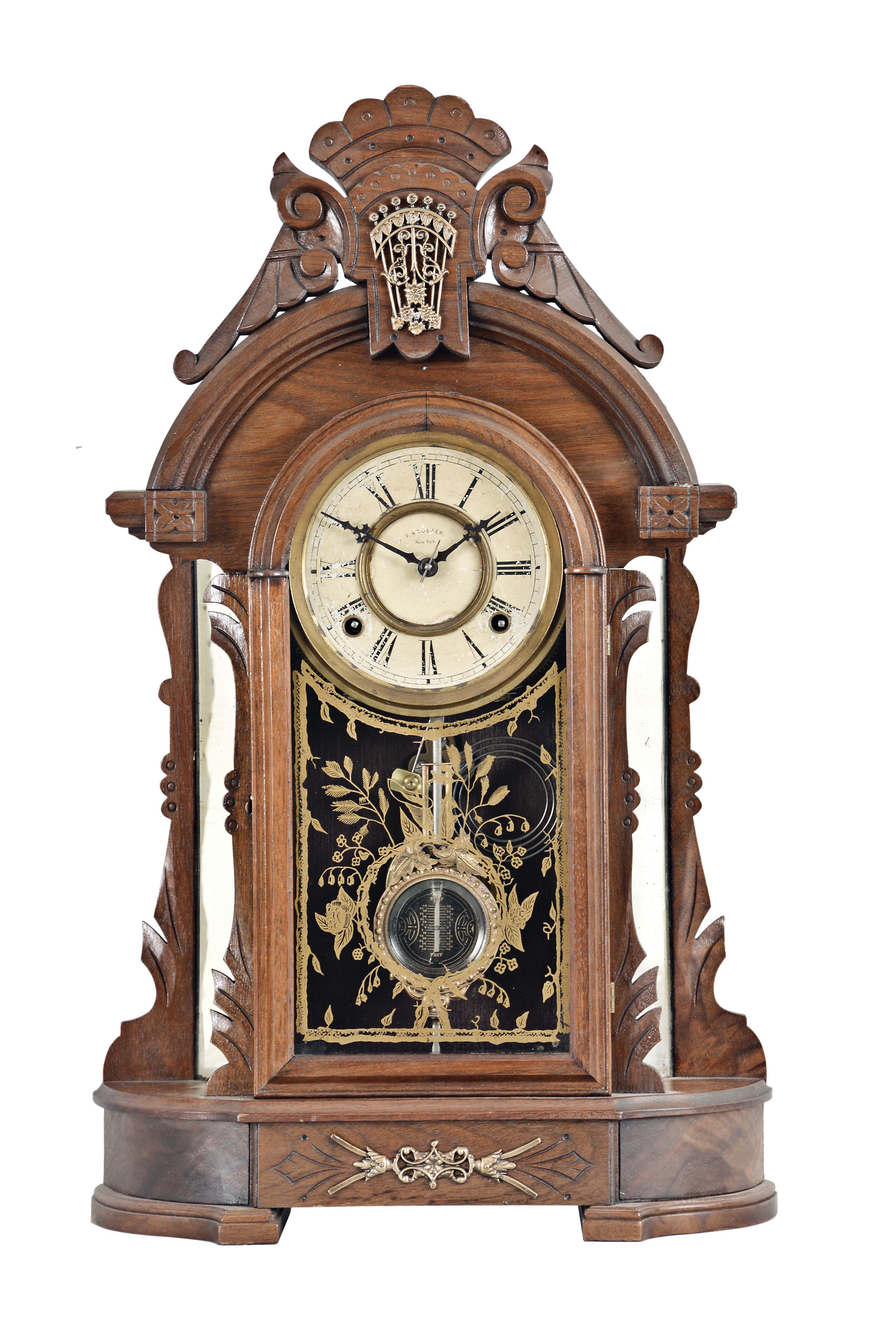F. Kroeber Clock Co., New York, "Oregon", 8 day, time and strike, spring brass movement shelf clock. — Antique Clocks Price Guide
