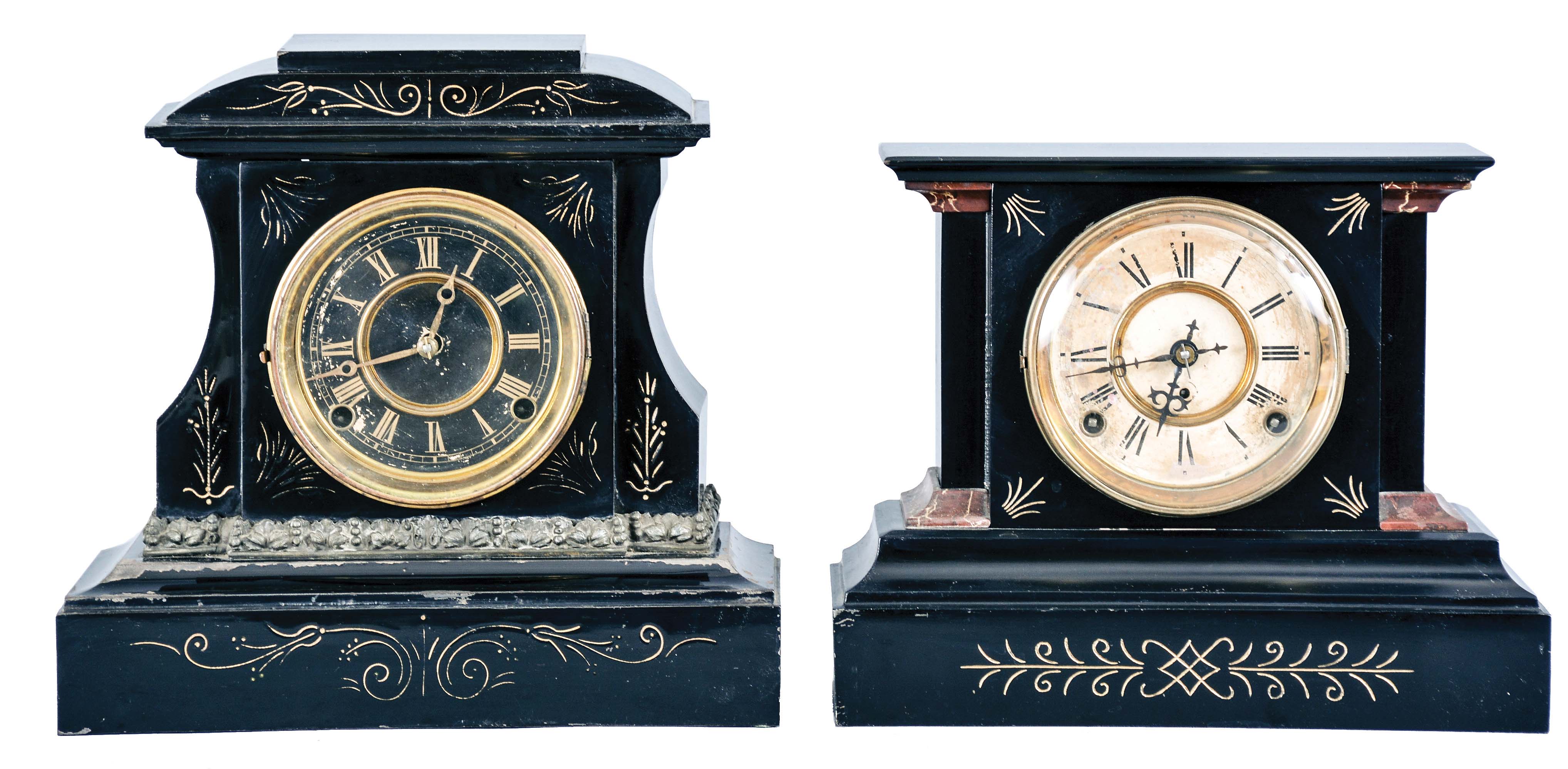 Clocks- 2 (Two): (1) F. Kroeber Clock Co., New York, "Pavonia", 8 day, time and strike, spring brass movement mantel clock, c1888; (2) F. Kroeber Clock Co., New York, "Sydney", 8 day, time and strike, spring brass movement mantel clock, c1888 — Antique Clocks Price Guide