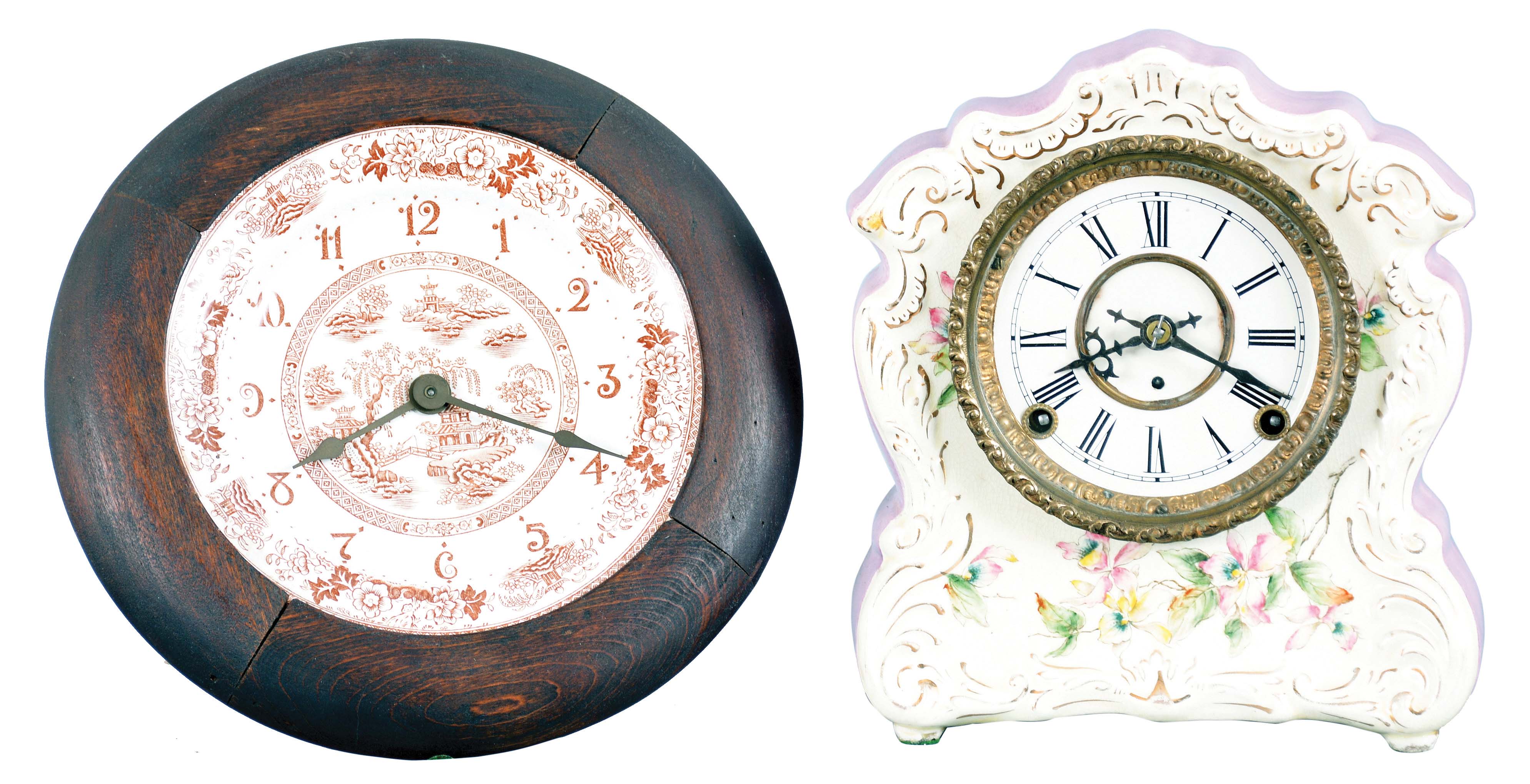 Clocks- 2 (Two): (1) F. Kroeber Clock Co., New York, "Plush Plaque No.1", 30 hour, brass spring lever movement alarm clock, c1888; (2), F. Kroeber Clock Co., New York, "China No.23", 8 day, time and strike, spring brass movement porcelain mantel clock, c1898 — Antique Clocks Price Guide
