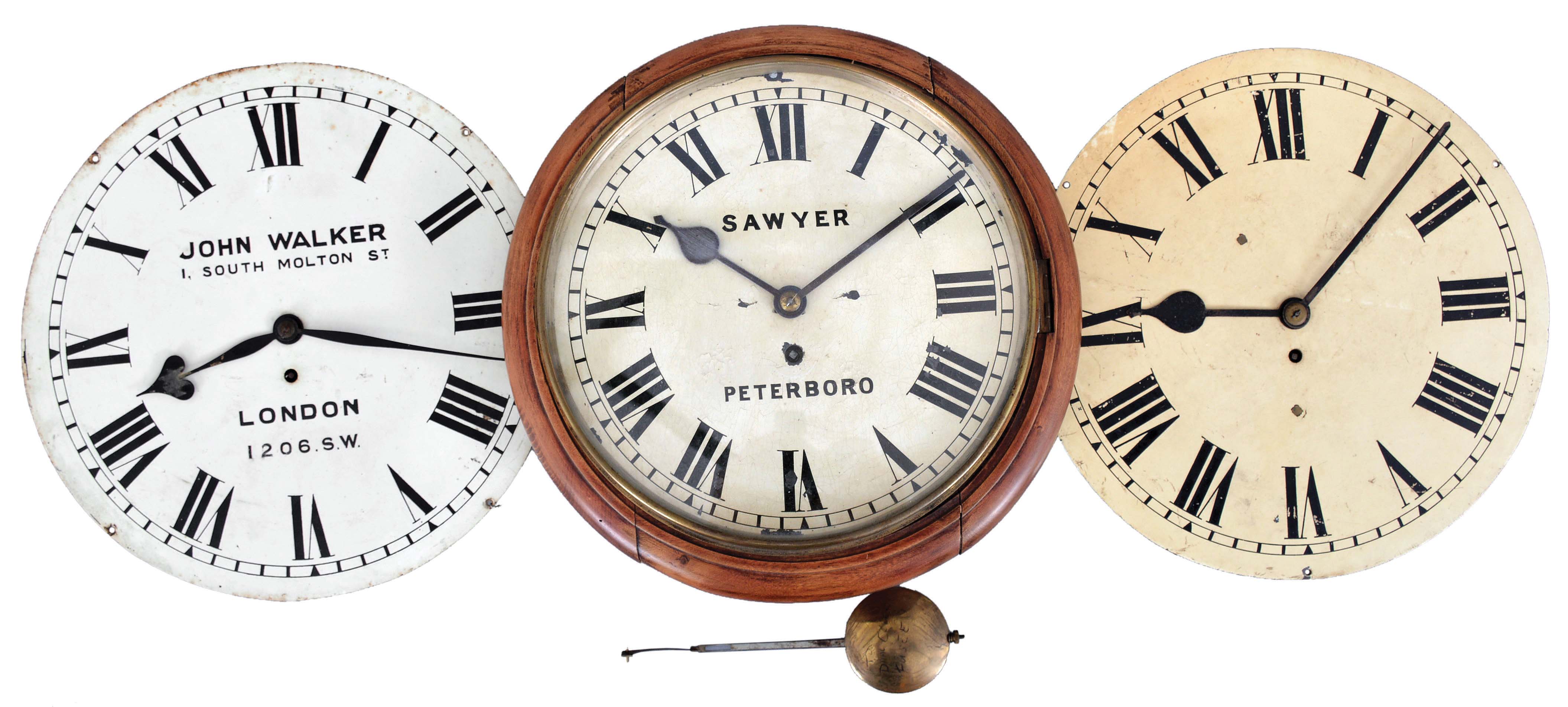 Clocks- 3 (Three) English Fusee Postal Timepieces: (1) John Walker, London, 8 day, spring driven, time only postal wall clock, fusee movement with painted metal dial; (2) Sawyer, Peterboro, 8 day, spring driven, time only postal wall clock, fusee movement with painted metal dial and wood case; (3) 8 day, spring driven, time only postal wall clock with fusee movement and painted metal dial. — Antique Clocks Price Guide