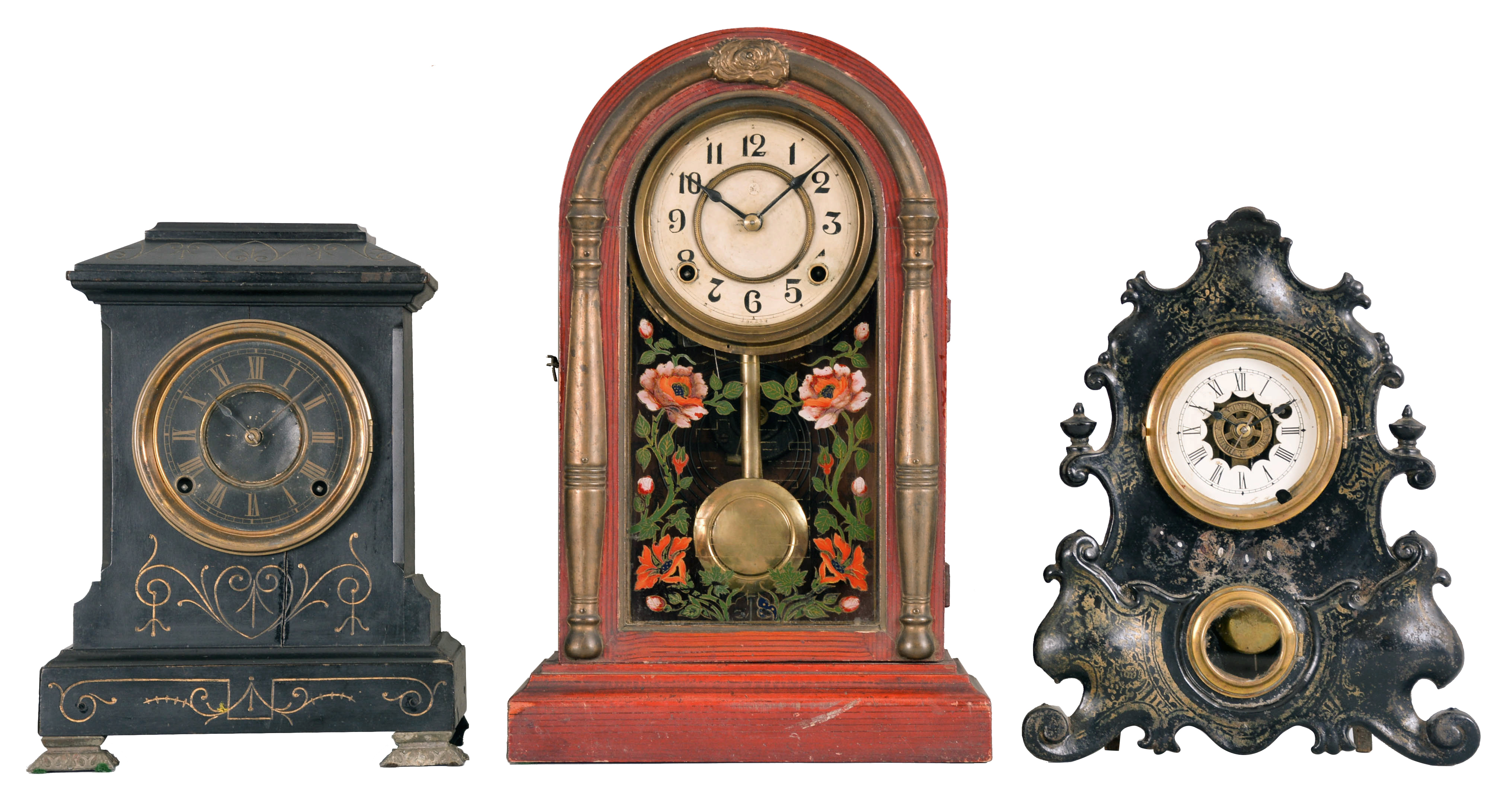 Clocks- 3 (Three): (1) Shing Lee Mfg. Co., Chefoo, China, 8 day, time and strike, spring brass movement round top shelf clock, c1910; (2) F. Kroeber Clock Co., New York, "Cabinet No. 2", 8 day, time and strike, spring brass movement wood case shelf clock, c1881 (3) Unknown, possibly by the American Clock Co., New York, 30 hour, time and alarm spring brass movement iron front shelf clock, c1865 — Antique Clocks Price Guide