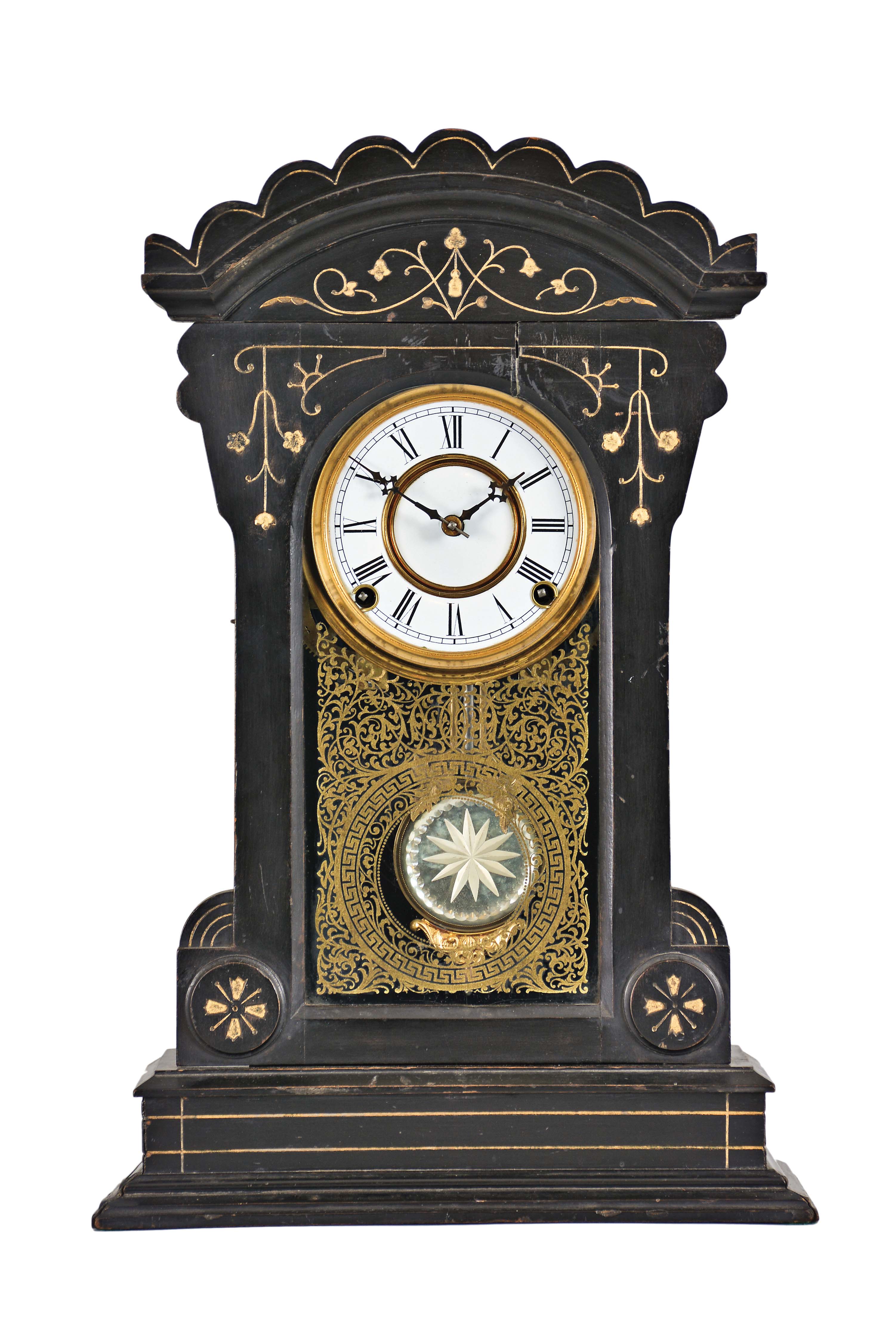 F. Kroeber Clock Co., New York, "Jamestown", 8 day, time and strike, spring brass movement shelf clock. — Antique Clocks Price Guide