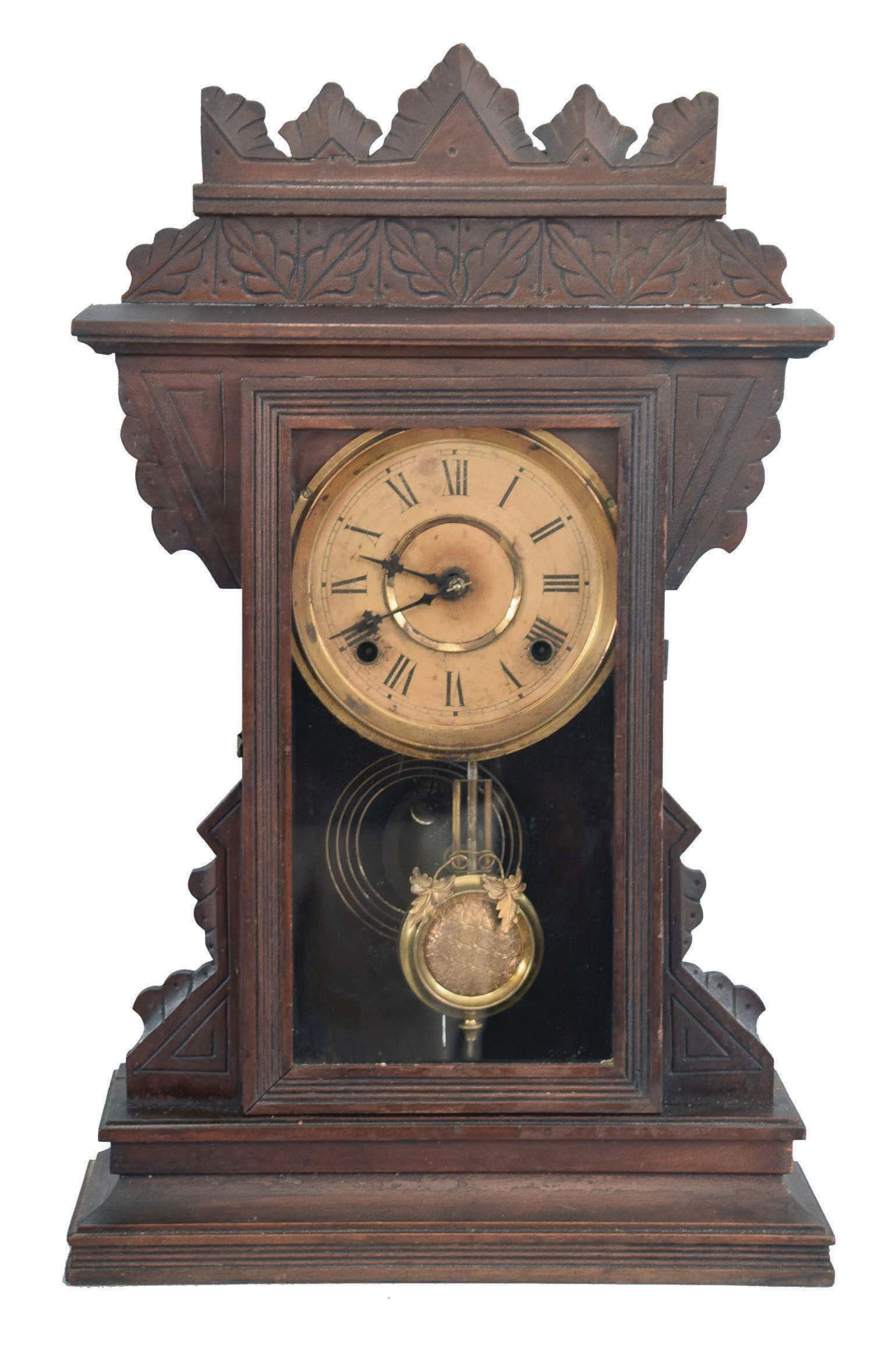 Clocks- 3 (Three): (1) Sessions Clock Co., Forestville, Conn., 8 day, time and strike, spring brass movement shelf clock, c. 1900; (2) William L. Gilbert Clock Co., Winsted, Conn., "Boston", 8 day, time and strike, spring brass movement shelf clock, c1900 (3) William L. Gilbert Clock Co., Winsted, Conn., "Leopard", 8 day, time and strike, spring brass movement shelf clock, c1891 — Antique Clocks Price Guide