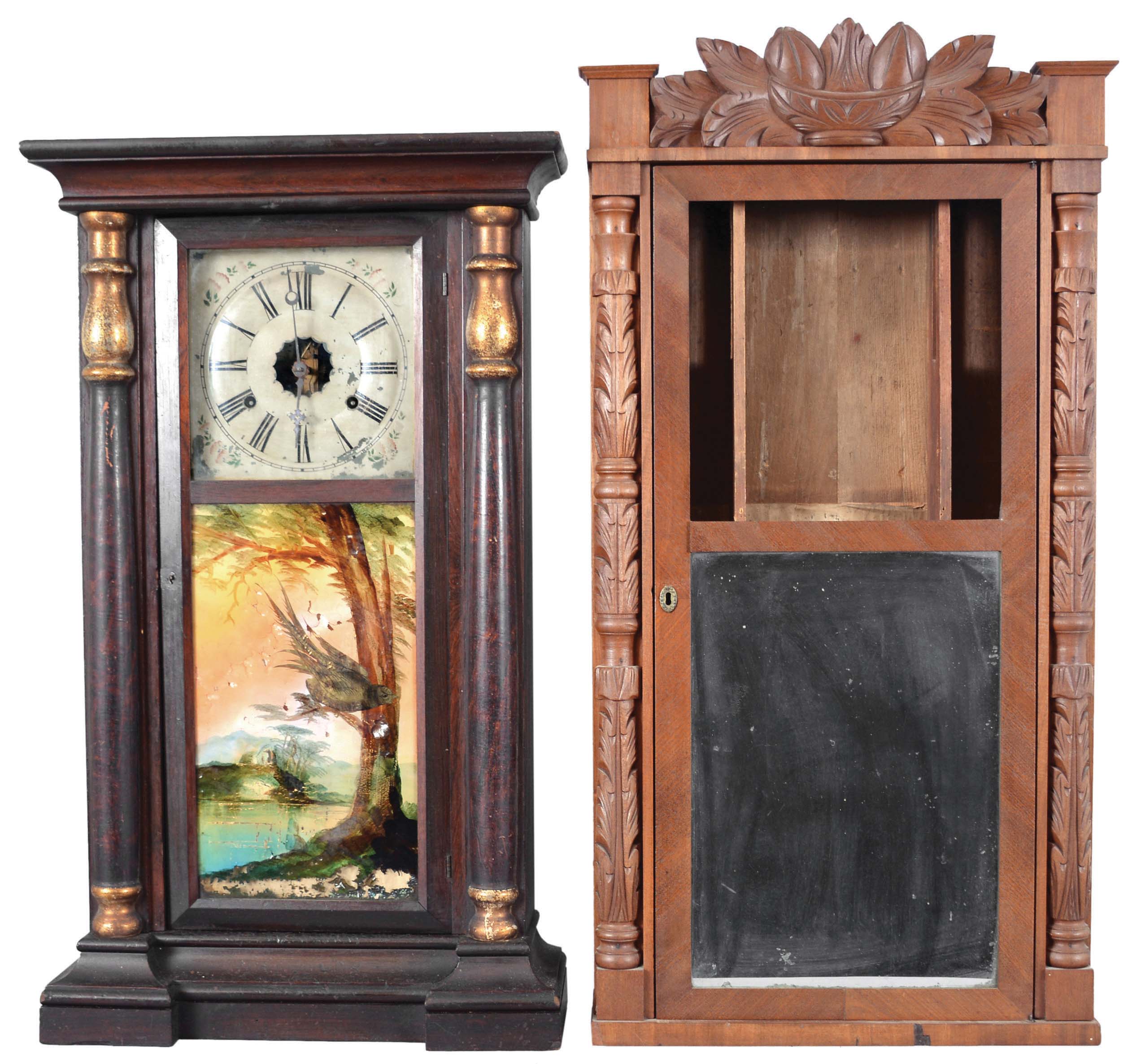 Clocks- 3 (Three): American shelf clocks: (1) Marsh, Gilbert & Co., Farmington, Conn., carved half column and carved eagle splat shelf clock with a weight driven 30 hour time and strike movement in a mahogany veneered case, c1833; (2) Boardman & Wells, Bristol, Conn., carved half column and carved splat case only, c1835. (3) Solomon C. Spring, Bristol, Conn., half column shelf clock with a weight driven, 8 day, time and strike strap brass movement in a rosewood veneered case, c1860. — Antique Clocks Price Guide
