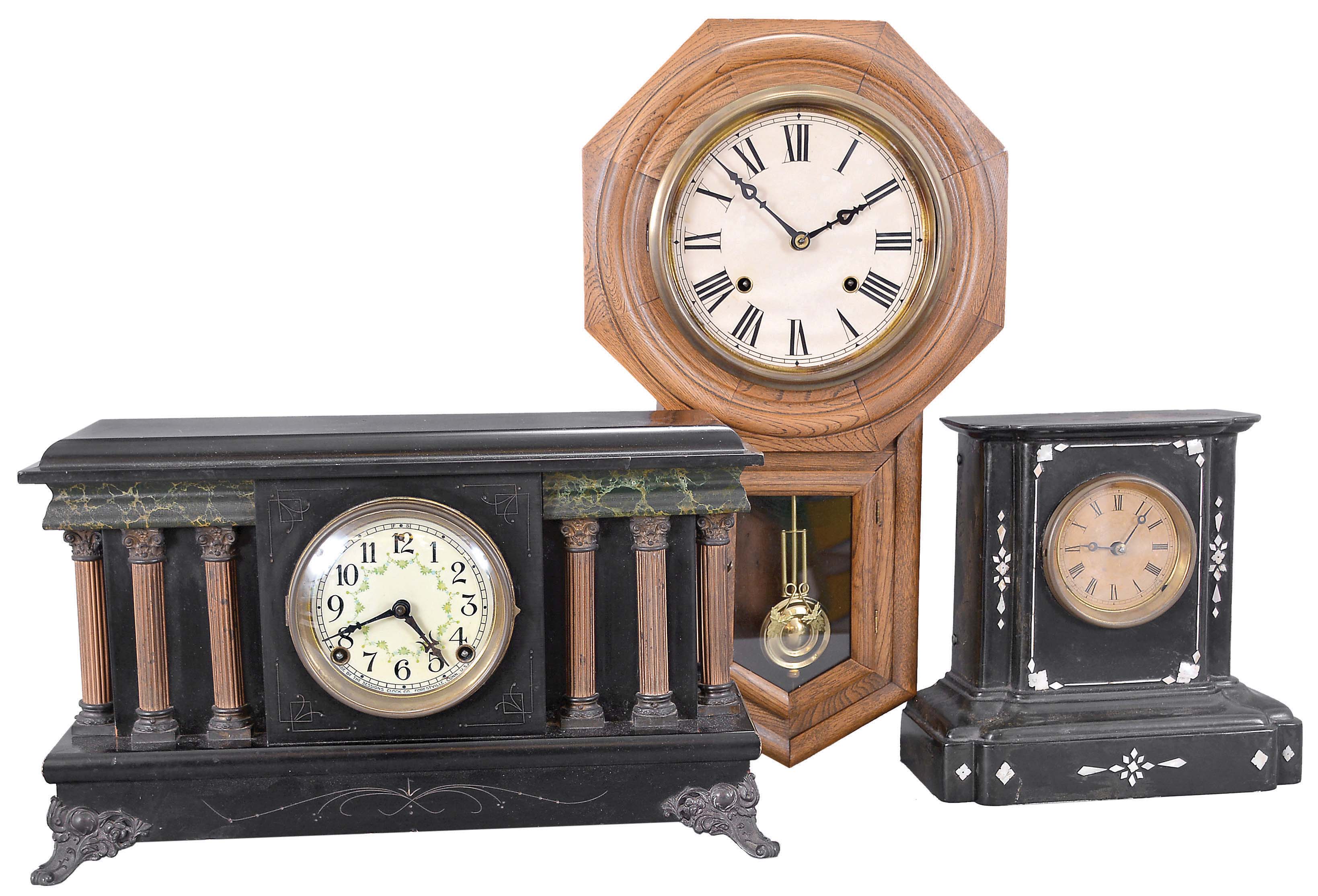 Clocks- 3 (Three) Clocks: (1) Sessions Clock Co.,Forestville, Conn., mantel clock, 8 day, time and strike, spring driven with a black enameled wood case; (2) Bradley and Hubbard Mfg. Co., West Meriden, Conn., mantel clock, 8 day, time and strike, spring driven with a black enameled metal case with mother of pearl inlay; (3) Asian, schoolhouse clock, 8 day, time and strike, spring driven with an oak case. — Antique Clocks Price Guide