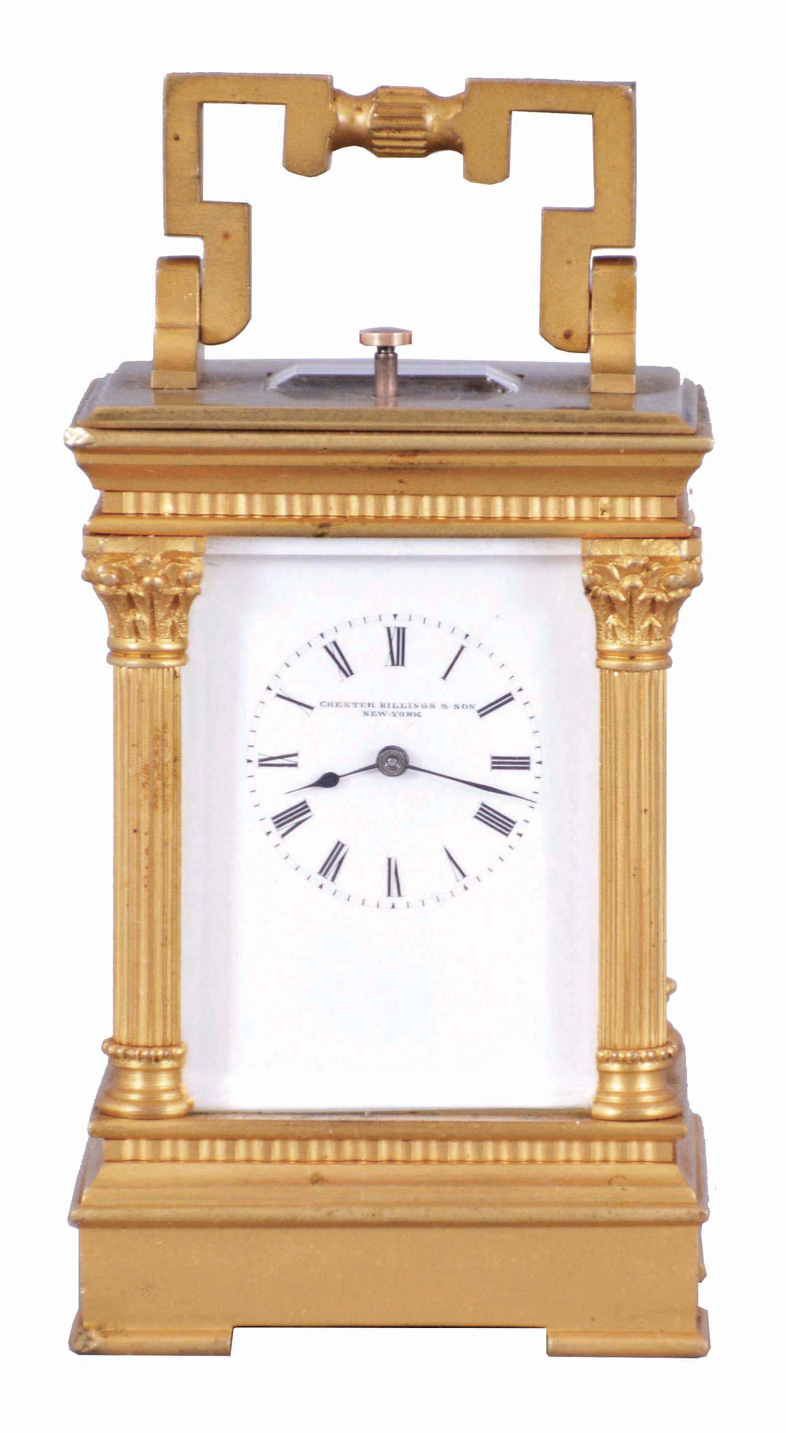 L. Tissot and Cie., Switzerland, for Chester Billings & Son, New York, miniature hour repeating carriage clock, the gilt, glazed Anglaise Riche style case in mignonette #3 size, Roman numeral white enamel dial, blued steel hands, gilt 8 day movement with lever platform and cut bimetallic balance, repeating the hours on demand, with Tissot logo at lower left, back plate, serial #54093 — Antique Clocks Price Guide