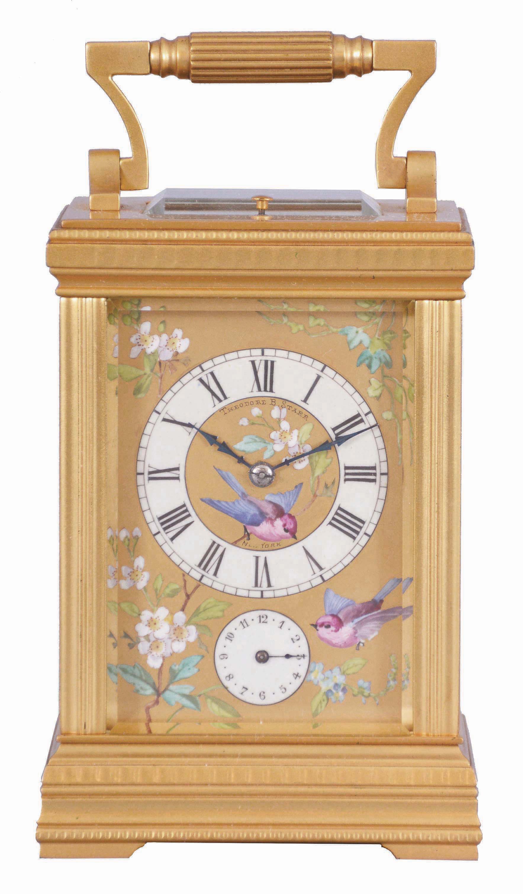 France, for Theodore B. Starr, New York, a large, decorative carriage clock with polychrome enamel decoration and grand sonnerie striking, the Anglaise variant case set with beveled glasses and gilt, porcelain panels, each decorated with flying and perching birds among flowering vines and branches, the dial with Roman numeral white enamel chapter, on a decorative panel matching the case sides, blued steel distaff hands, 8 day time, strike, and alarm movement with lever platform, sounding grand or petit quarters in passing, and repeating the last hour and quarter on demand, serial #1330 — Antique Clocks Price Guide