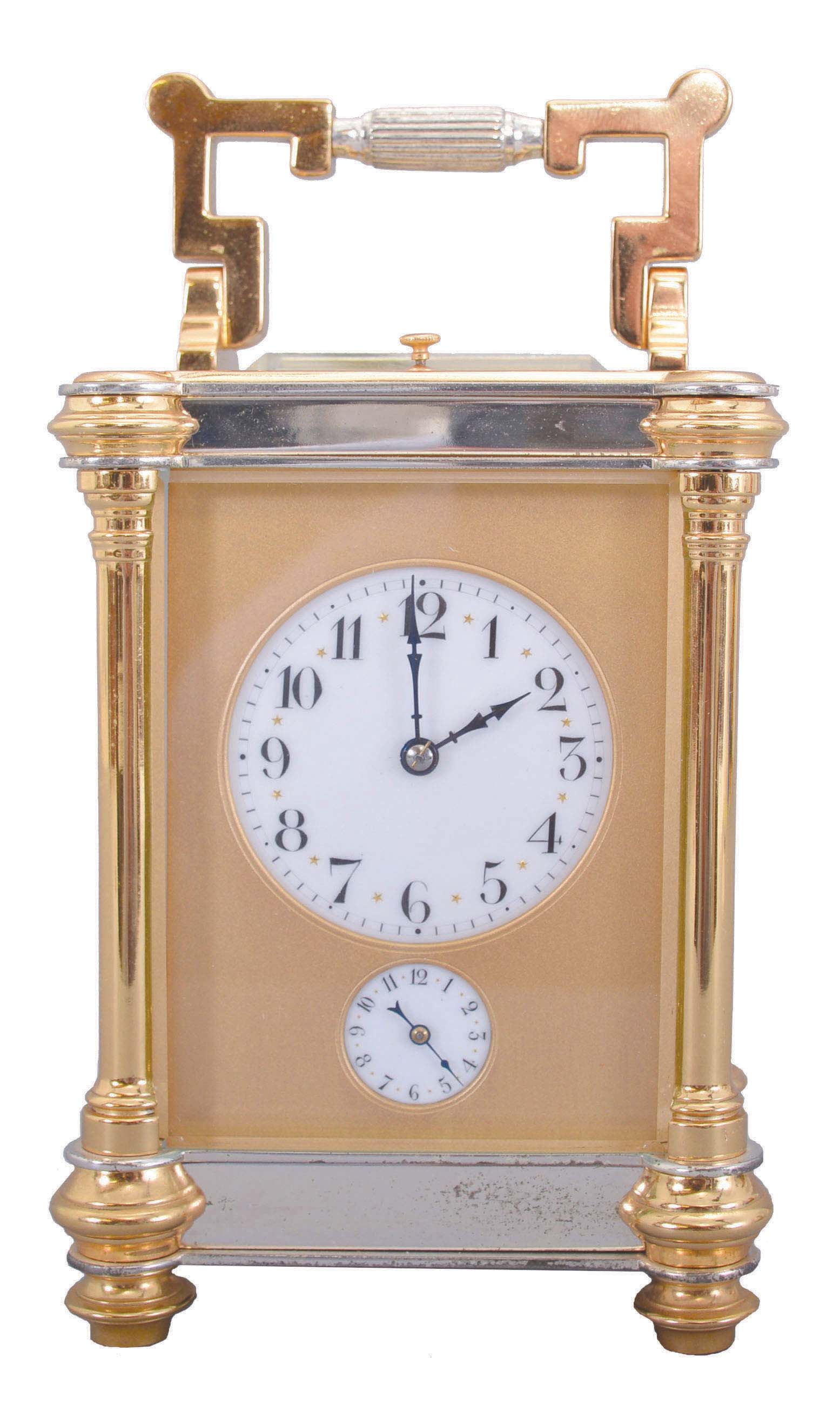 Jules Desjardin, France, carriage clock, time, strike, repeat & alarm, in a two-tone round column case, with round white dials behind a frosted gilt mask with the Arabic numerals separated by gold stars at the half hour positions. 18462 — Antique Clocks Price Guide