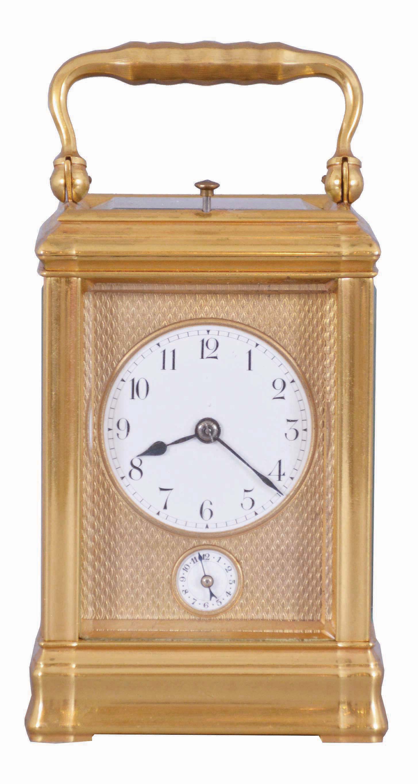 Margaine, Paris, a 3/4 size, Gorge cased hour repeating carriage clock with original outer box, gilt case with beveled glasses, Arabic numeral white enamel dial with gilt, engine turned mask, blued steel hands, 8 day time, strike and alarm movement with lever platform and cut bimetallic balance, repeating the last hour on demand, the back plate with Margaine's mark, serial #19946, with original leather bound travel case, and key — Antique Clocks Price Guide