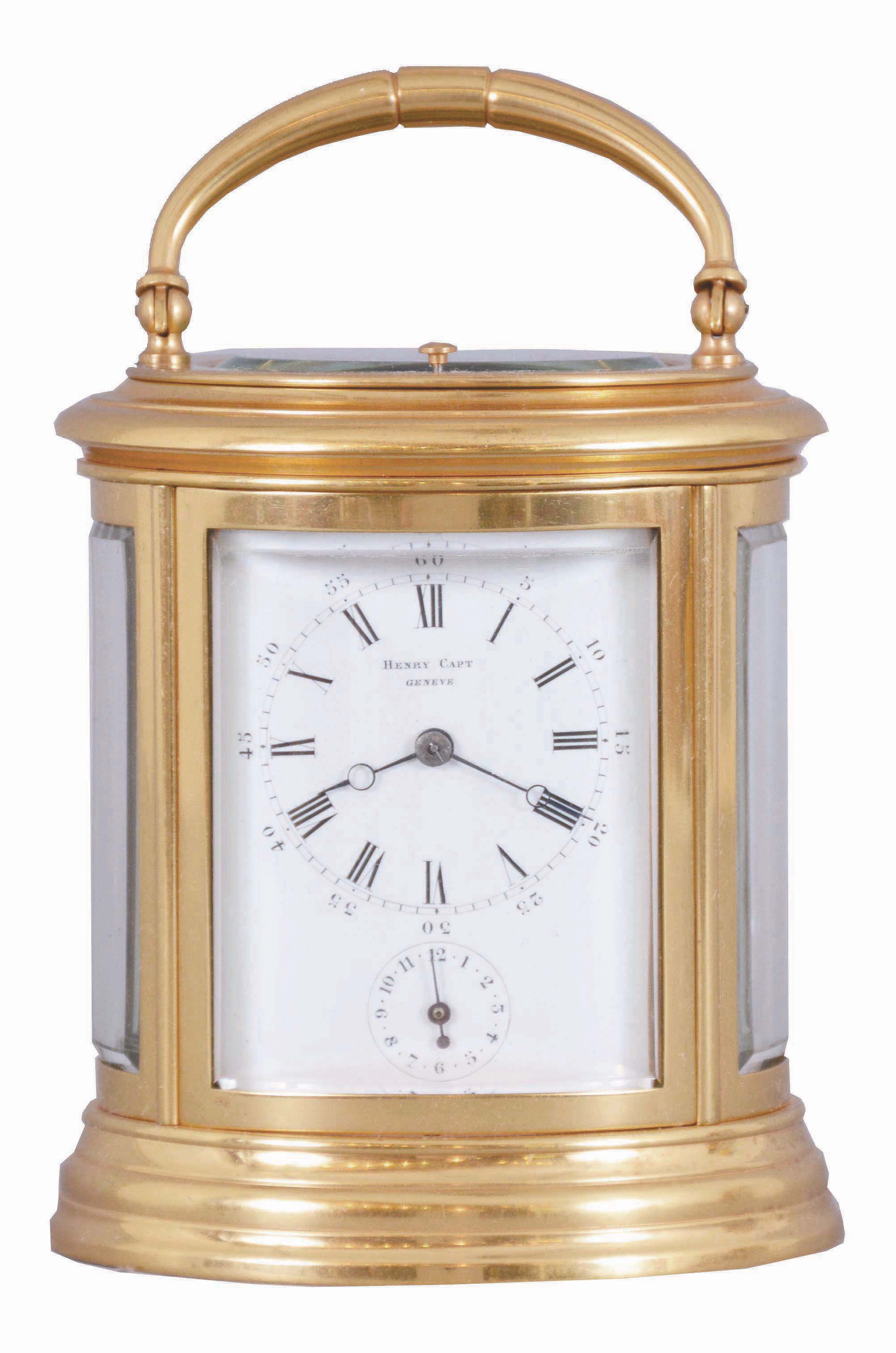 Drocourt, for Henry Capt. Geneva, a large, oval cased, hour repeating carriage clock, the glazed case with molded top and base, Roman numeral white enamel dial, blued steel Breguet style hands, 8 day time, strike and alarm movement with lever platform, repeating the last hour on demand, the back plate with Drocourt's mark, and also "Henry Capt Geneve" serial #14498 — Antique Clocks Price Guide