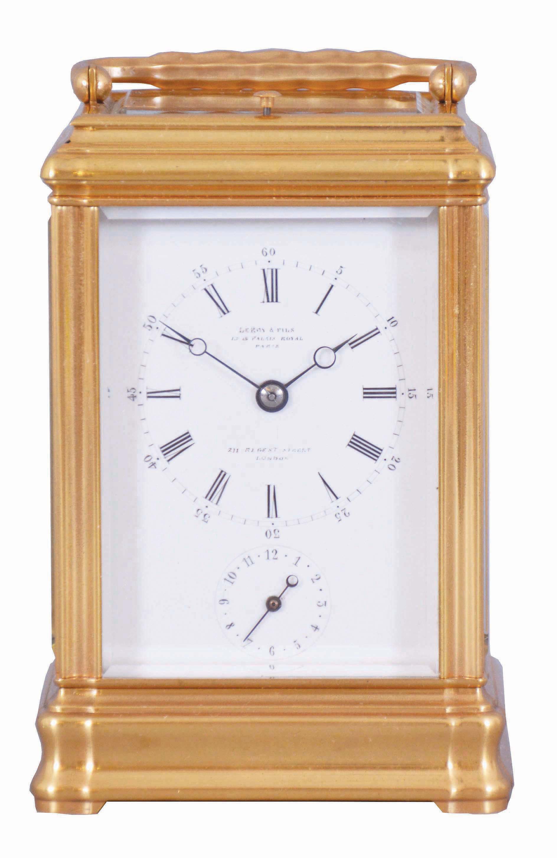 Leroy & Fils, Paris, a good, Gorge cased hour repeating carriage clock with alarm, gilt, glazed case with carrying handle, signed Roman numeral white enamel dial, bearing the firms addresses in Paris and London, blued steel Breguet style hands, 8 day time, strike and alarm movement with lever platform, and repeating the last hour on demand, the back plate marked "Repassee par Leroy & Fils Palais Royal 13 & 15, Paris", and also with the mark of Drocourt, serial #8909 — Antique Clocks Price Guide