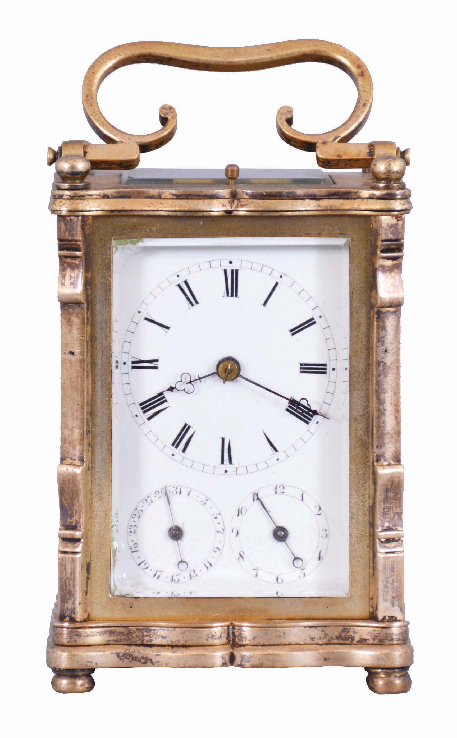 Austria, an unusual three train carriage clock with Viennese striking, date, and alarm, gilt case with corbelled pilasters, top and base with cupids bow molded edges, case back with shuttered apertures for winding and setting, Roman numeral white enamel dial with date and alarm chapters, blued steel trefoil hands, 30 hour time, strike, and alarm movement with cylinder platform, grand sonnerie striking, and repeating the last hour and quarter on demand — Antique Clocks Price Guide