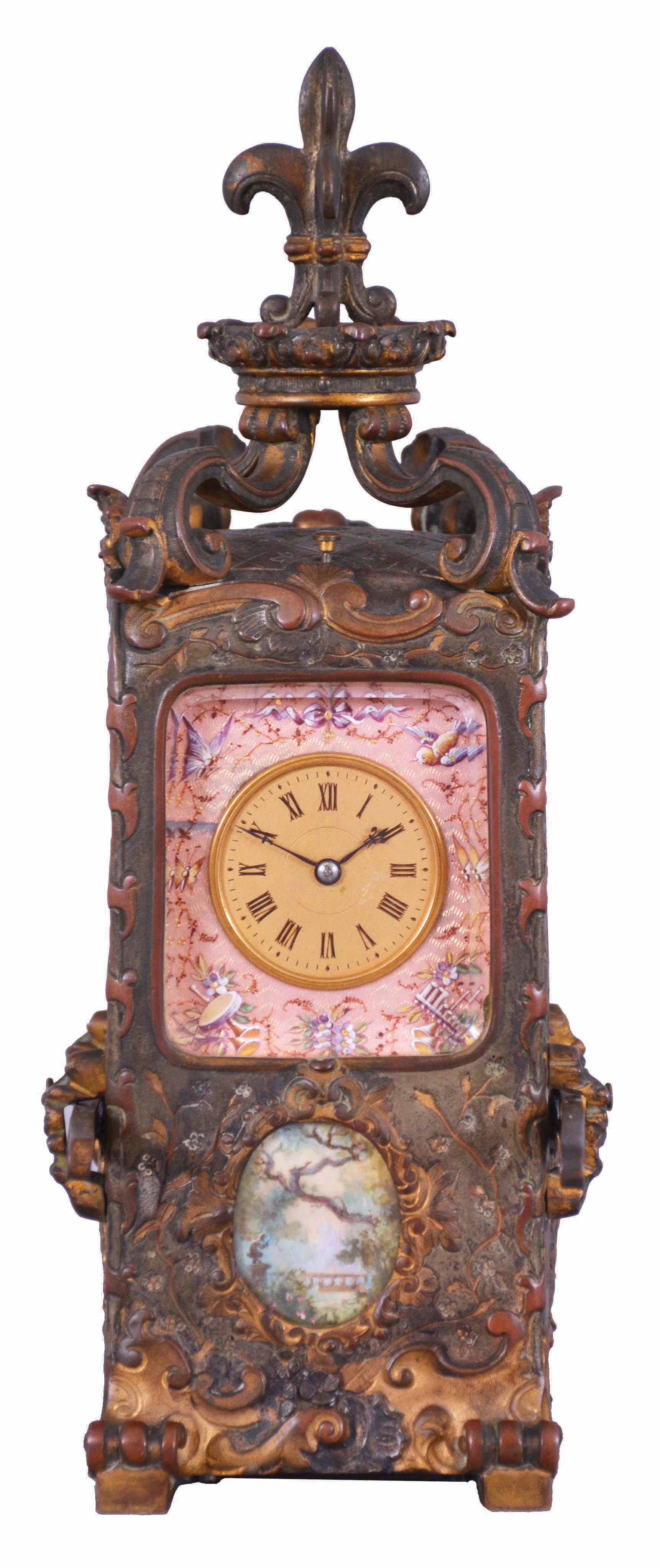 France, hour repeating carriage clock in the form of a sedan chair, the gilt and silvered brass case with faux repousse rococo style ornament, case sides with well executed portraits of a young woman within pink guilloche and polychrome enamel frames, the top with scrolled brackets supporting a fleur de lis finial, Roman numeral gilt metal dial, also with pink guilloche and polychrome enamel surround, the dial above a small, painted garden scene, blued steel hands, 8 day, time and strike movement with lever platform, counting the hours on a gong, and repeating the last hour on demand — Antique Clocks Price Guide