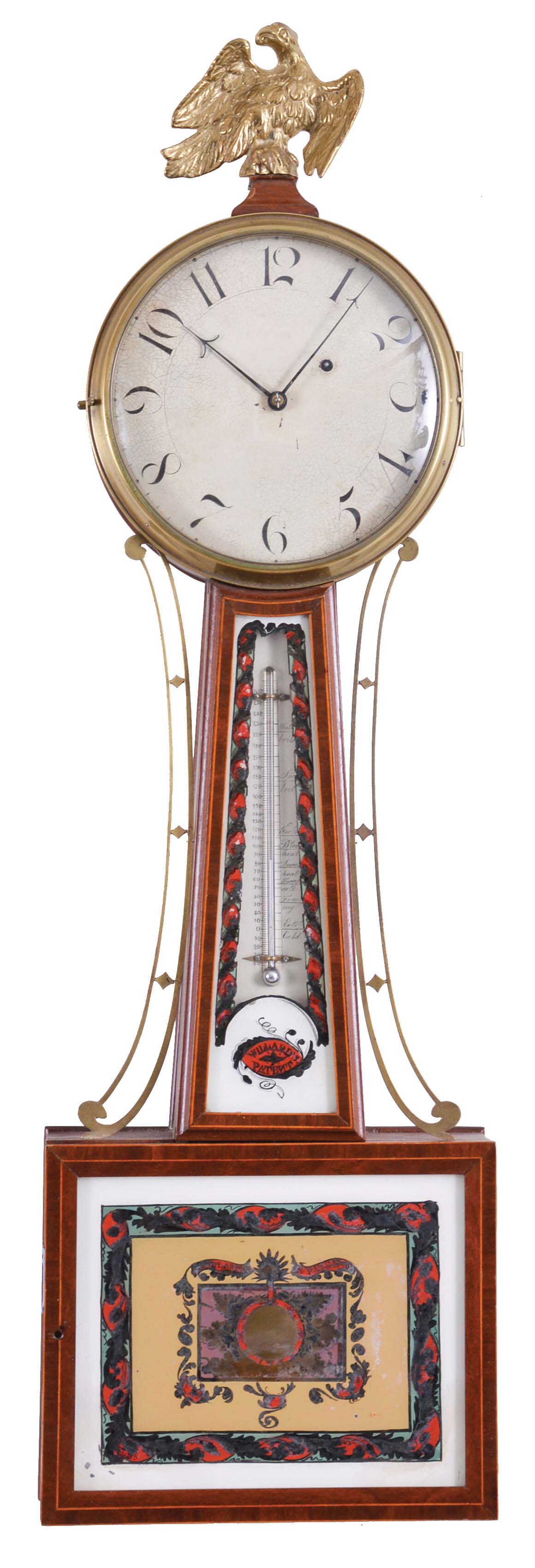 Attributed to Aaron Willard, Jr., Roxbury, Massachusetts, patent timepiece or "banjo" clock with hermometer, the mahogany case with brass eagle finial over the unmarked, painted iron roman numeral dial, held in place by three "L" shaped screws, superb original steel barbed hands, the cross-banded throat section with reverse-painted glass signed "Willard's Patent" in the lower cartouche, red and green decoration frames the thermometer with graduations from minus 40 to 260 degrees Fahrenheit and notations from "Extreme Cold" to "Water Boils", the lower glass framed with cross-banding also marked "Willard's Patent" in a banner above the pendulum aperture, red, green, gold and mustard decoration complete a geometric design bordered in white, eight day timepiece with t bridge suspension, recoil escapement, alternate train layout, holes remaining for through bolts for movement attachment to the case, all powered by a lead weight and regulated by a pendulum. — Antique Clocks Price Guide