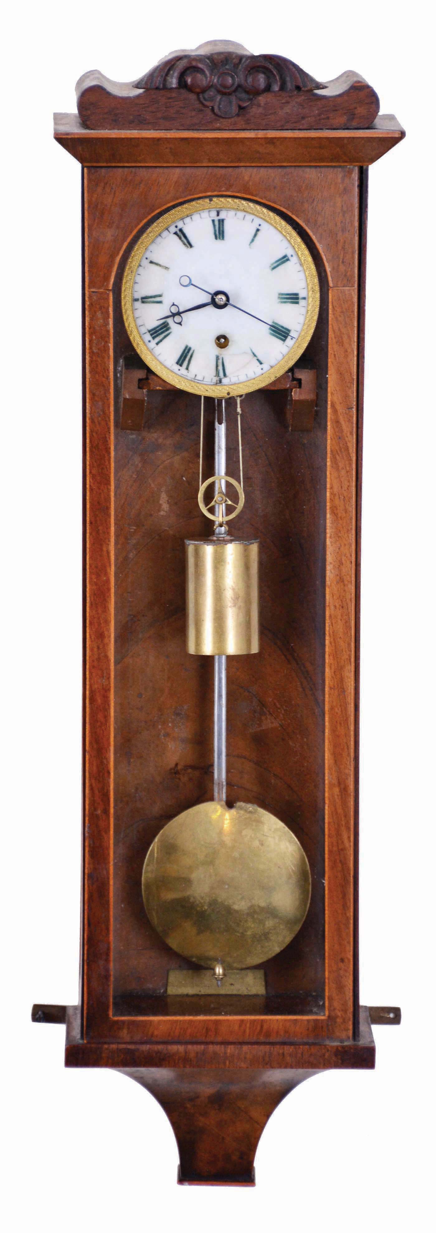 Austria, early 19th century 1-weight timepiece in a miniature Biedermeier "Dachluhr" case with original top trim; milk glass dial 2.7 in. diameter and with cast brass engine patterned bezel, duration 3+ days. — Antique Clocks Price Guide