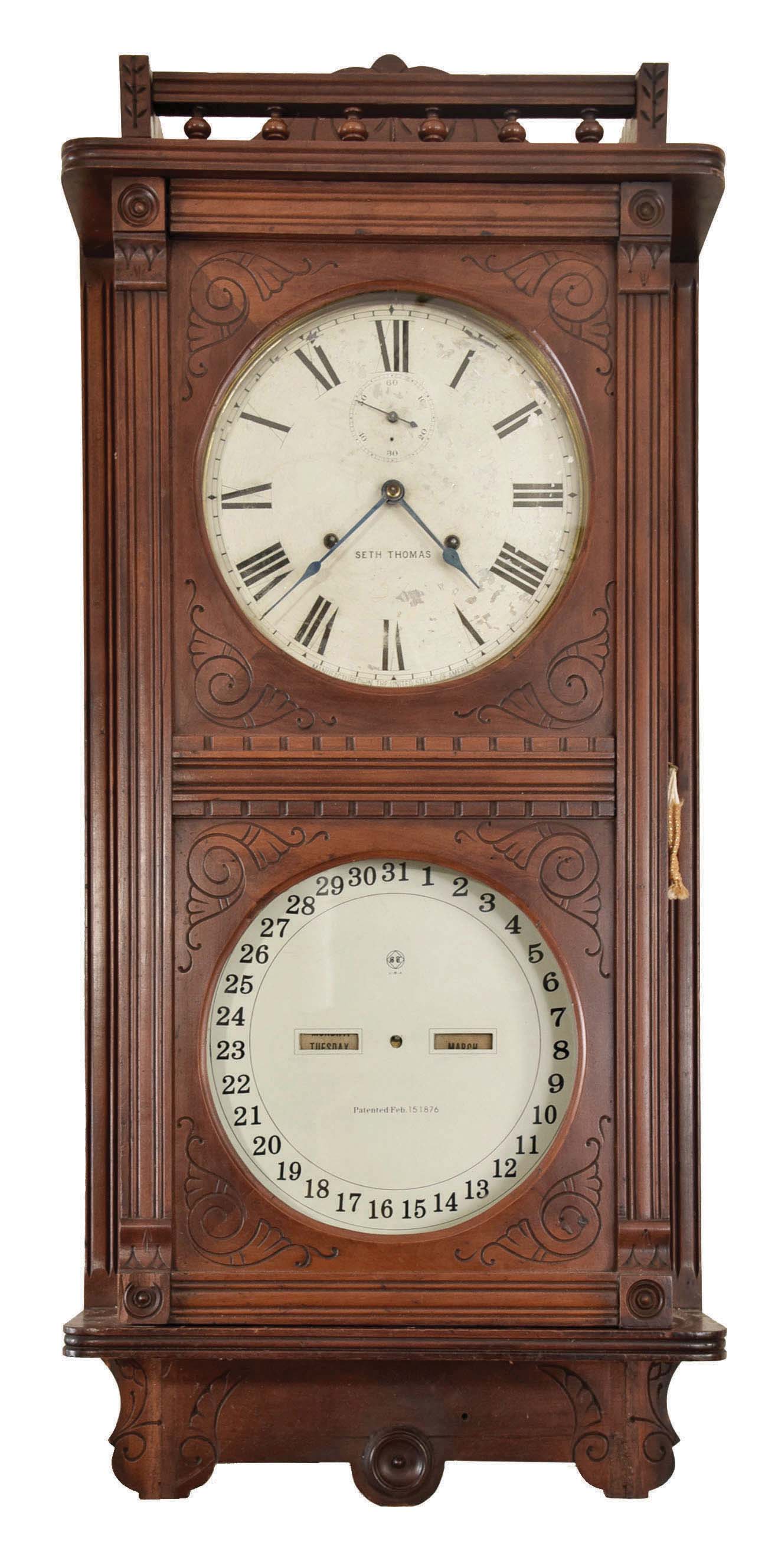 Seth Thomas Clock Co., Thomaston, Conn., 15 day, spring brass movement double dial calendar clock, larger custom or prototype model, with 11 inch dials.. — Antique Clocks Price Guide