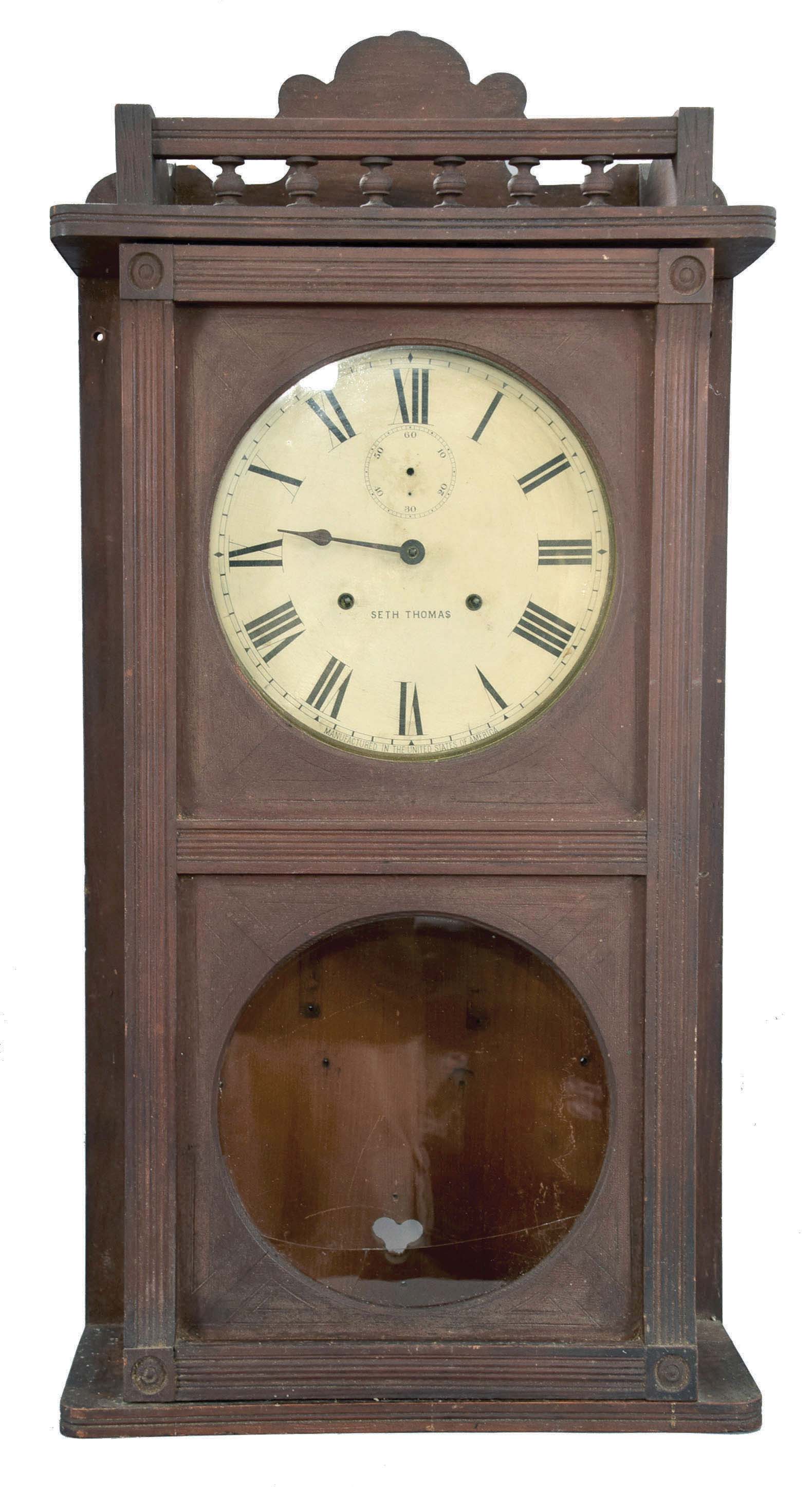 Seth Thomas Clock Co., Thomaston, Conn., 15 day, spring brass movement Watchman's Clock or a double dial calendar clock. An example of this case as a double dial calendar clock can be found in Calendar Clocks, by Tran Duy Ly, Pg. 267. — Antique Clocks Price Guide