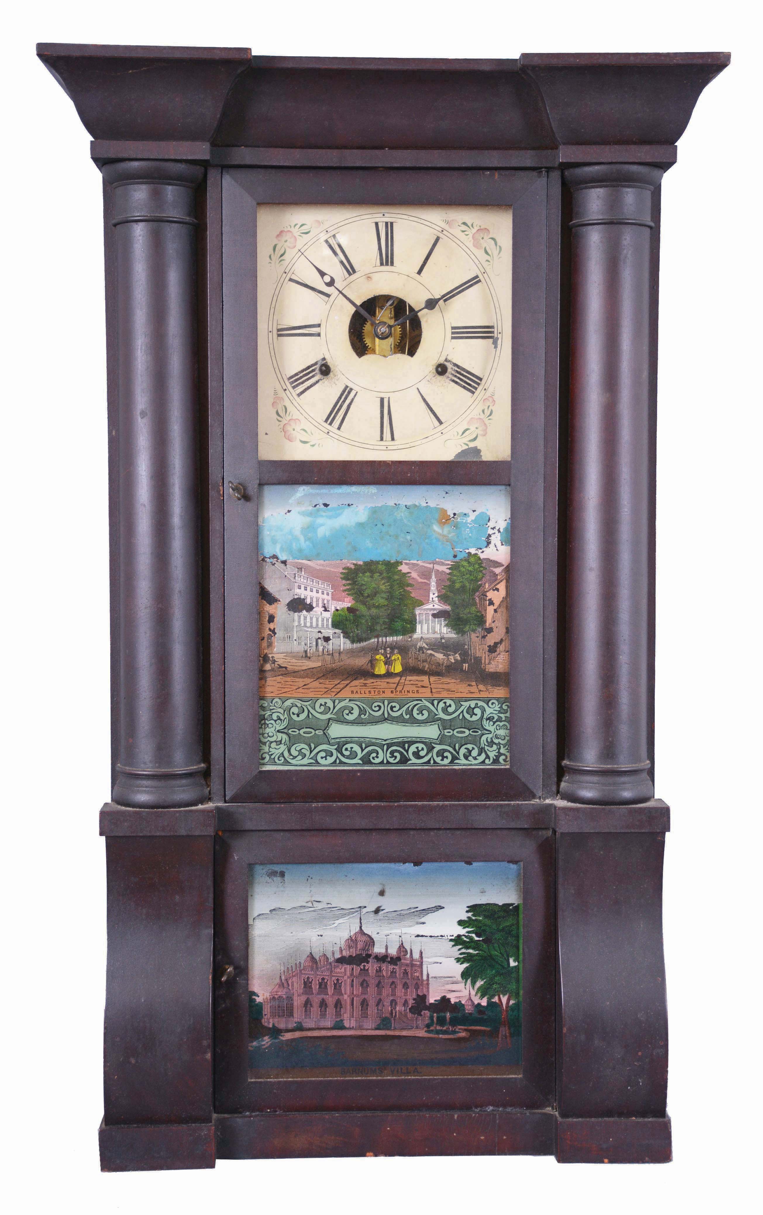 Clocks- 2 (Two): American shelf clocks: (1) Birge, Peck & Co., Bristol, Conn., cornice and column shelf clock with a weight driven, 8 day, time and strike brass strap movement in a mahogany veneered case, c1850; (2) Atkins Clock Co., Bristol, Conn., "London" shelf clock with a spring driven, 8 day, time and strike movement (265B) in a rosewood veneered case, c1865. — Antique Clocks Price Guide
