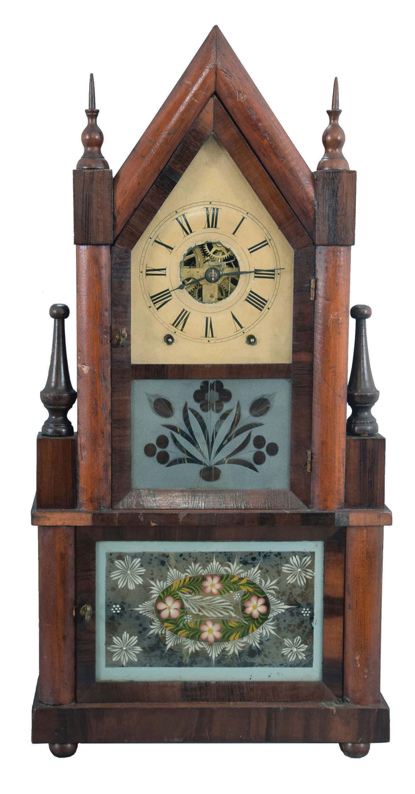 Birge & Fuller, Bristol, Conn., 8 day, time and strike wagon spring brass movement steeple on frame or double steeple shelf clock. — Antique Clocks Price Guide