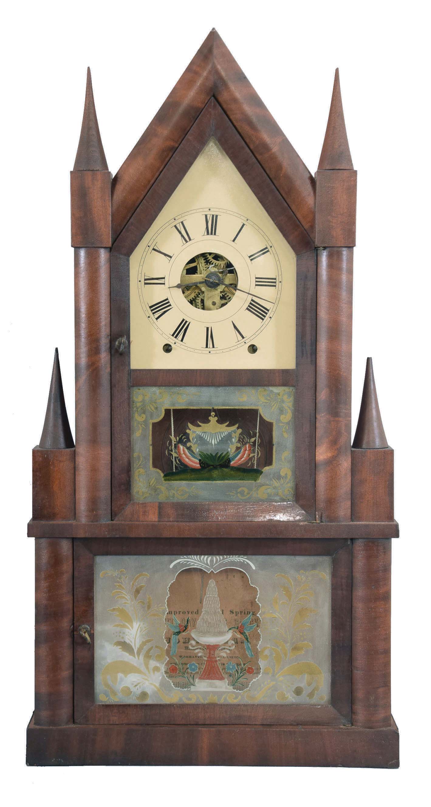 John Birge, Bristol, Conn., 8 day, time and strike, spring brass detached fusee movement steeple on frame or double steeple shelf clock. — Antique Clocks Price Guide