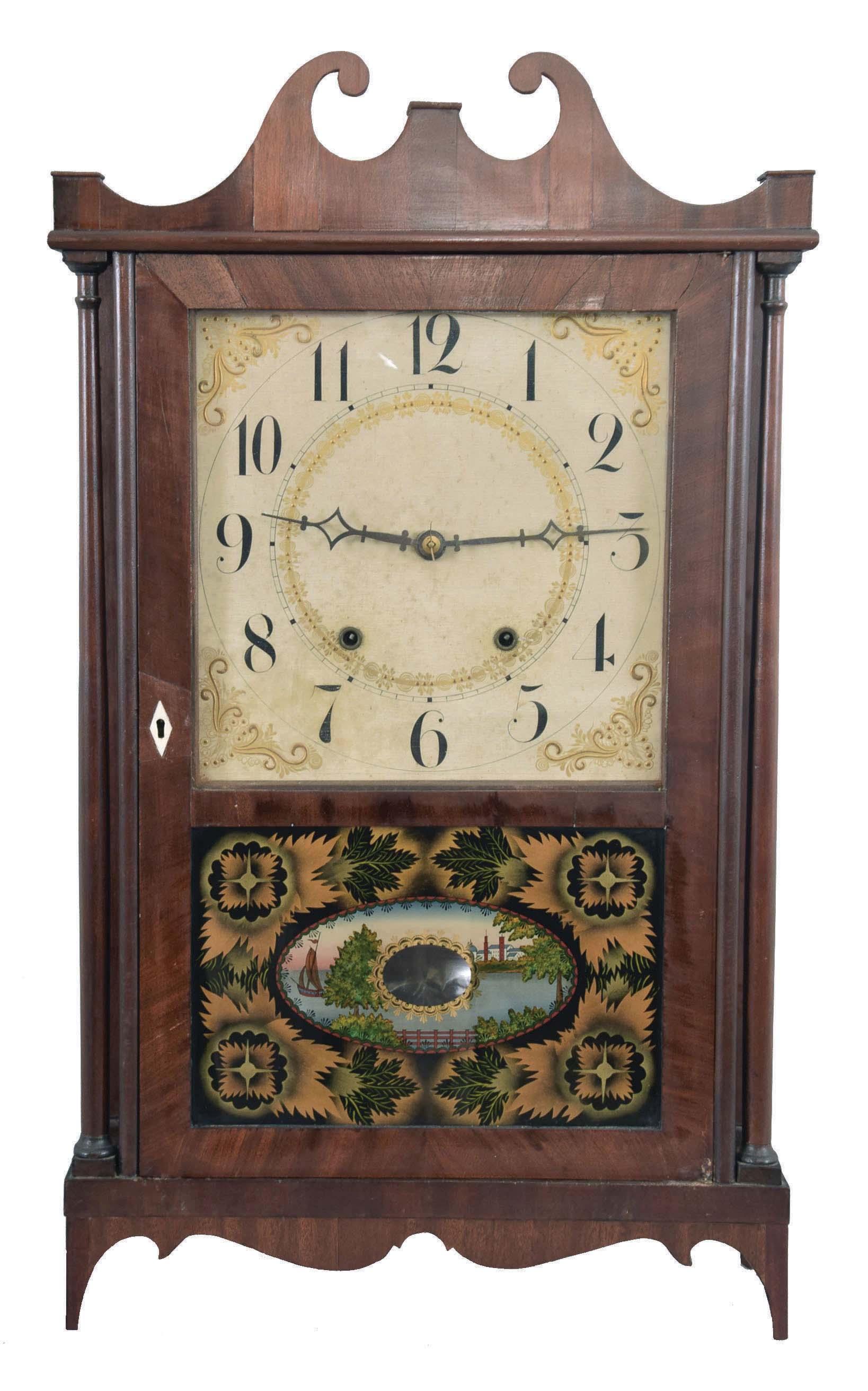 Unknown, Conn. 30 hour, time and strike, weight wood movement pillar & scroll shelf clock now with label of Orten, Preston & Co., Farmington, CT. — Antique Clocks Price Guide