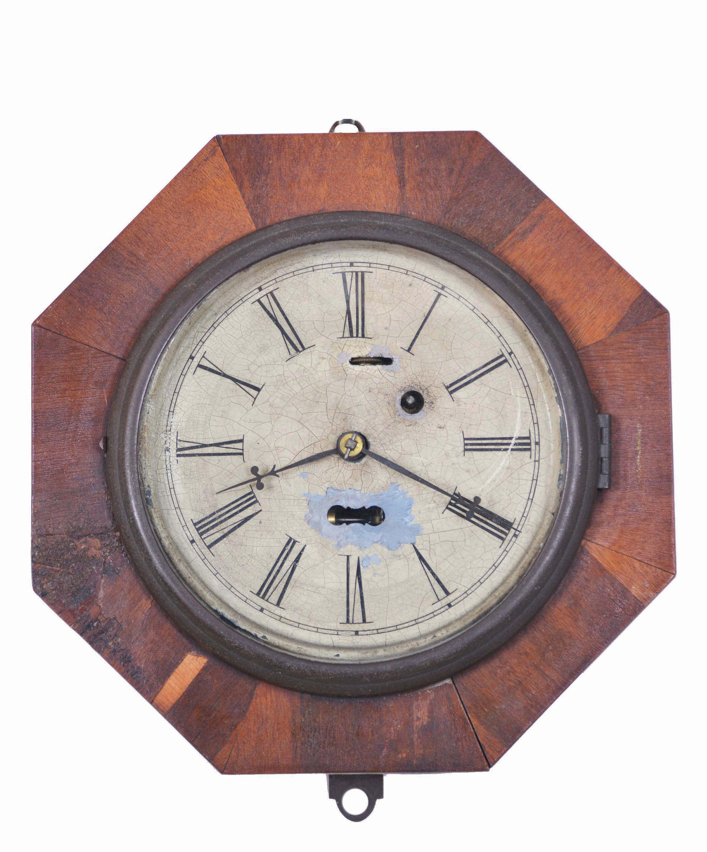 Clocks- 2 (Two) Wall: (1) Terryville Manufacturing Co., Terryville, Conn., octagon wall timepiece, 30 hour, spring driven movement with torsion pendulum in a rosewood veneer case; (2) Seth Thomas Clock Co., Thomaston, Conn., banjo clock, 8 day, time and strike, spring driven movement in a dark hardwood case with silvered dial and tablets showing patriotic themes. — Antique Clocks Price Guide