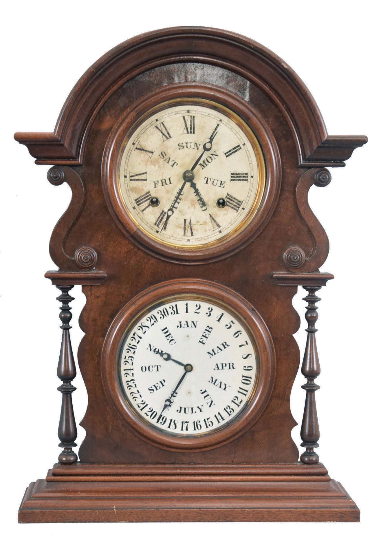 Welch, Spring & Co., Bristol, Conn., "Wagner, Mantel, B.W.", 8 day, time and strike, spring brass movement double dial calendar clock. — Antique Clocks Price Guide