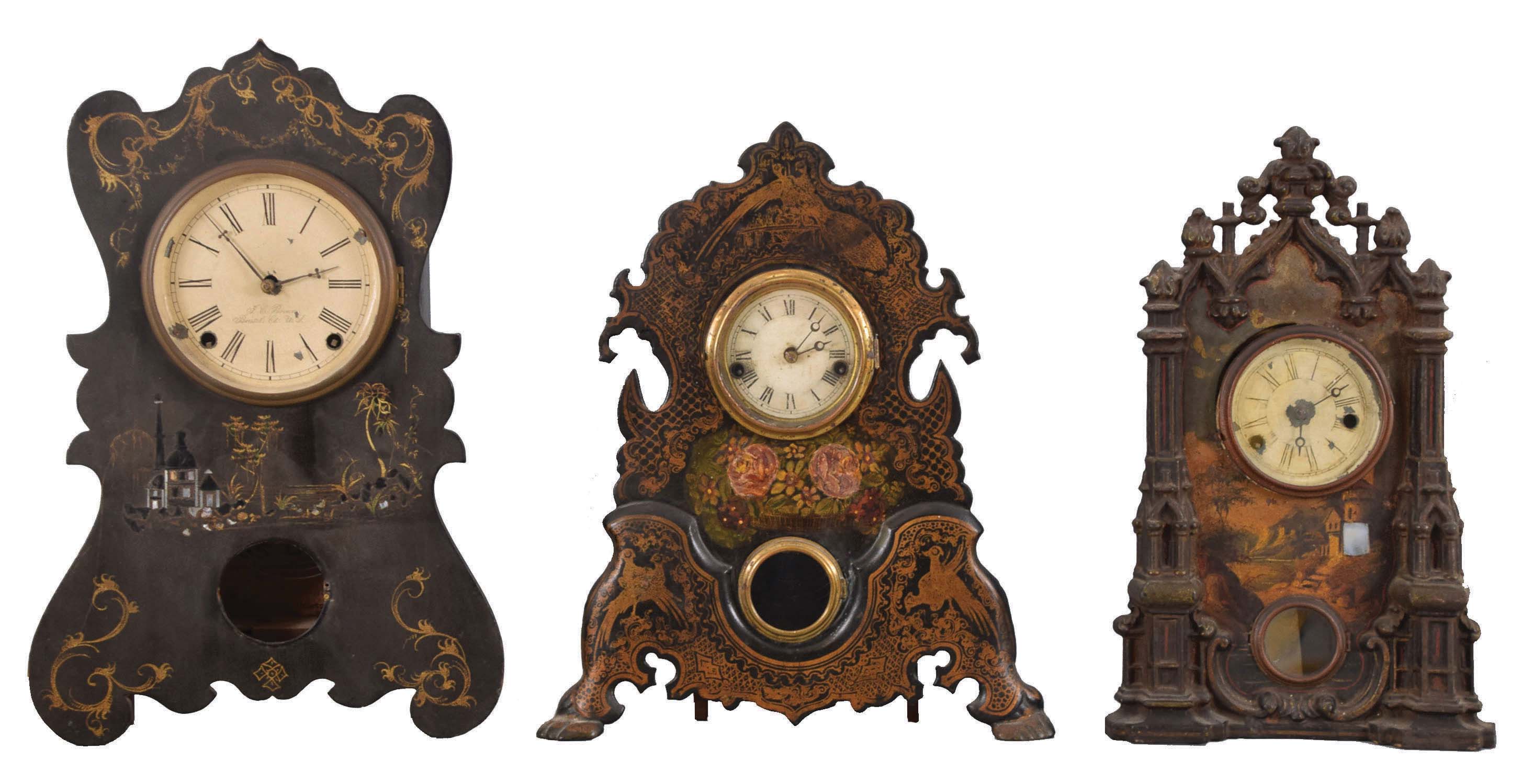 Clocks- 9 (Nine): (1) American iron front case (no movement) c1860; (2) American iron front shelf clock with a spring driven, 8 day timepiece movement, c1860. (3) American iron front shelf clock with a 30 hour timepiece movement and a "Mermaid Times" label on the case bottom, c1860. (4) Forestville Mfg. Co., Forestville, Conn shelf clock with an 8 day spring driven time and strike movement in a wooden case with gilt design and MOP inlay, c1860. (5) A. S. Platt & Co., Bristol, Conn. iron front (painted with MOP inlay) shelf clock with a spring driven 30 hour time and strike movement, c1860. (6) Waterbury Clock Co., 4 Courtland St., New York, painted iron front shelf clock with a 30 hour time and strike movement, c1860. (7) Unmarked American iron front (painted) shelf clock with a 30 hour time & strike spring driven movement, c1860. (8) F. Kroeber Clock Co., New York, iron front shelf clock with a spring driven 30 hour time and strike movement, c1865. (9) Upson Brothers, Bristol, Conn. iron front beehive shelf clock (paint and MOP inlay) with a spring driven, 8 day, time and strike movement (Morse No. (1), c1855 — Antique Clocks Price Guide