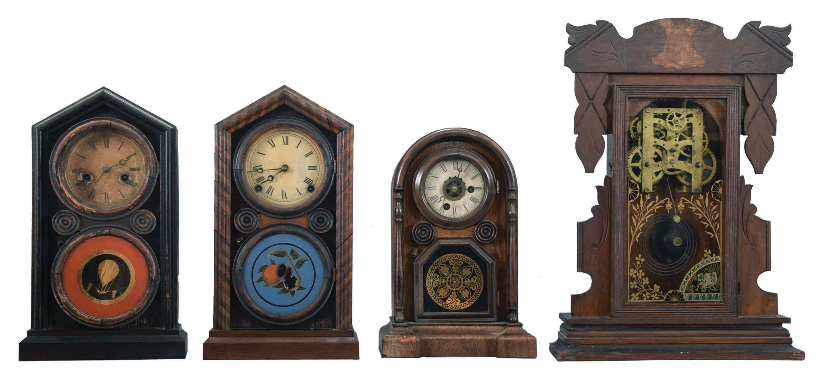 Clocks- 4 (Four): (1) E. Ingraham & Co., Bristol, Conn., "Doric" shelf clock with a 30 hour spring driven time and strike movement in a rosewood veneered case, c1875; (2) E. Ingraham & Co., Bristol, Conn., "Mosaic Doric" shelf clock with an 8 day spring driven time and strike movement. in a rosewood veneered case, c1875. (3) Welch, Spring & Co., Forestville, Conn., "Italian No. 3" shelf clock with a spring driven 30 hour time and alarm movement in a rosewood veneered case, c1878. (4) New Haven Clock Co., New Haven, Conn., "Alderman" shelf clock with a spring driven, 8 day, time and strike movement in an oak case, c1885. — Antique Clocks Price Guide
