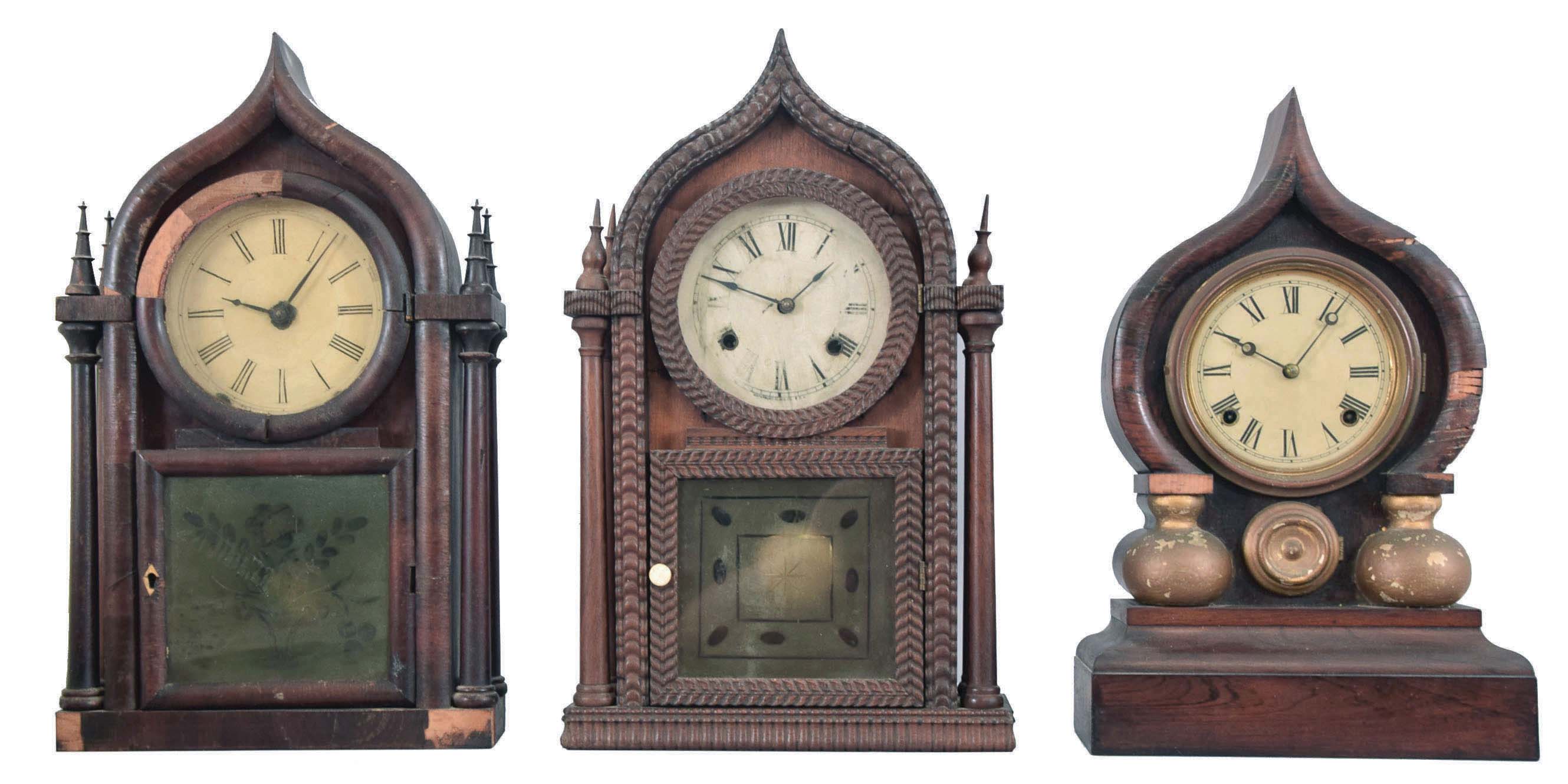 Clocks- 3 (Three): (1) Brewster & Ingrahams, Bristol, Conn., "Round Gothic" shelf clock now fitted with a Seth Thomas spring driven, 8 day, time and strike movement in a mahogany veneered case, c1848; (2) Forestville Mfg. Co., Forestville, Conn., "Round Gothic" shelf clock now fitted with a Waterbury Clock Co. 8 day spring driven time and strike movement in a ripple front rosewood case, c1850. (3) E. Ingraham & Co.,Bristol, Conn., "Oriental" shelf clock with a spring driven, 8 day, time and strike movement in a rosewood veneered case, c1880. — Antique Clocks Price Guide